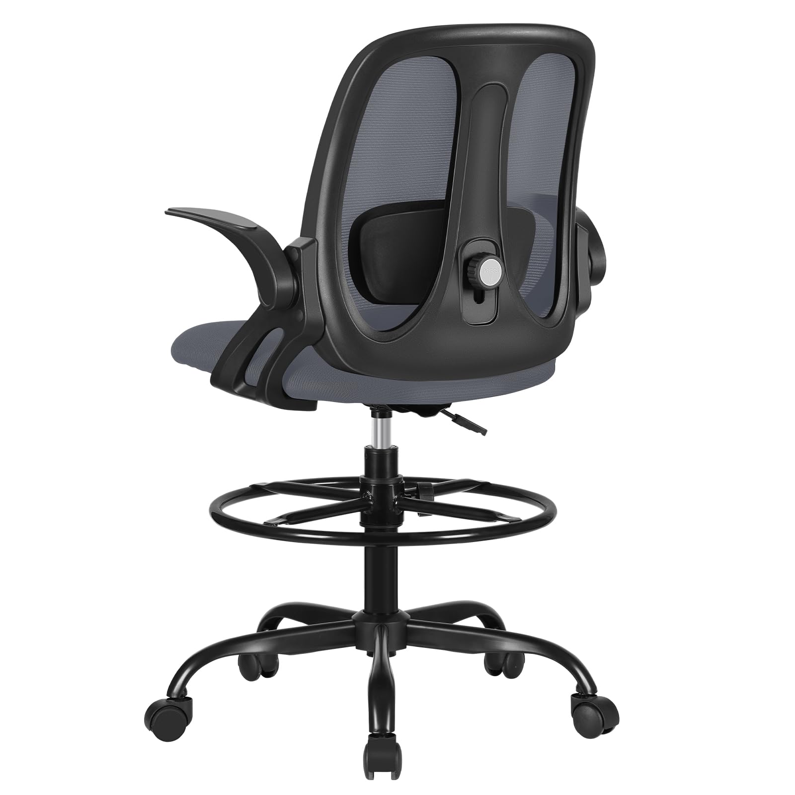 Ergonomic Drafting Chair with Adjustable Lumbar Support & Flip-Up Armrests - High Office Stool with Footrest Ring for Standing Desks - Dark Gray Executive Computer Chair for Architects, Designers & Home Office Use