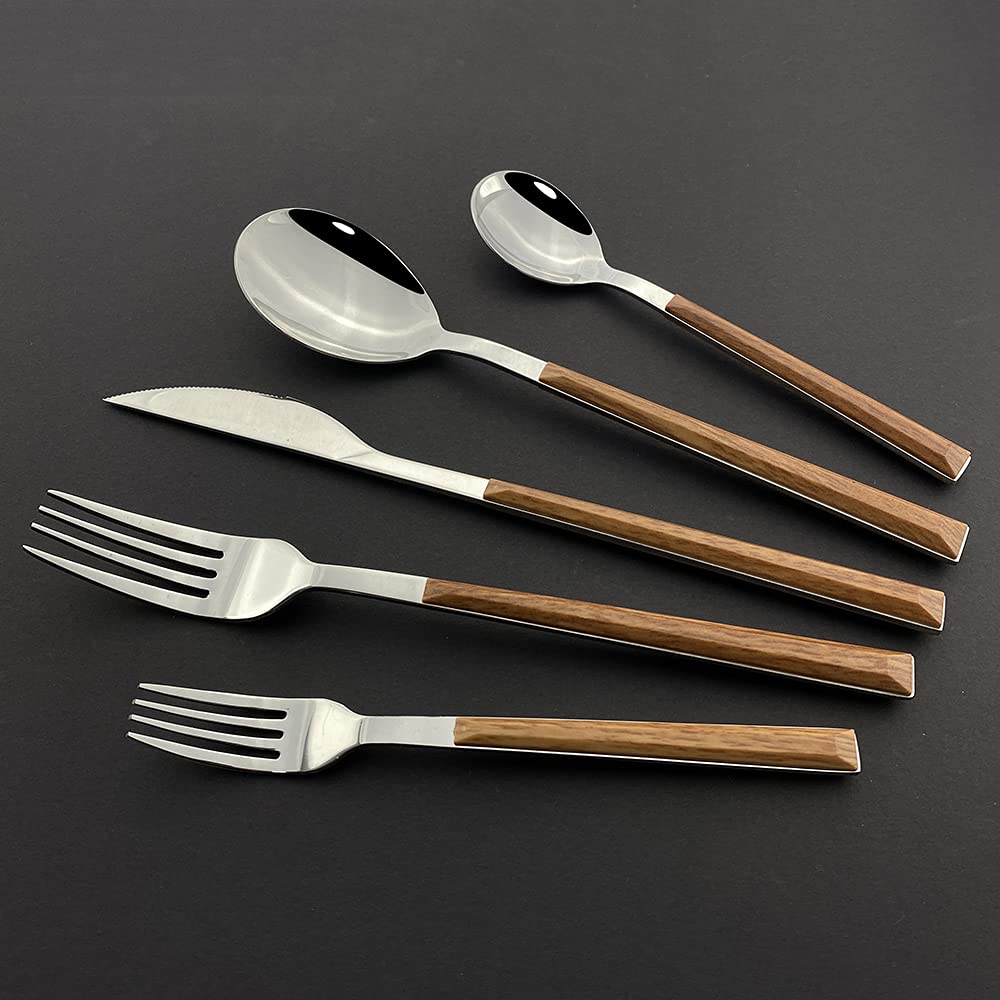 6/30Pcs Stainless Steel Flatware Set with Wooden Handle - Western Dinnerware Cutlery Set Includes Knife, Fork & Spoon - Elegant Tableware for Restaurants, Weddings & Home Dining (Yellow)