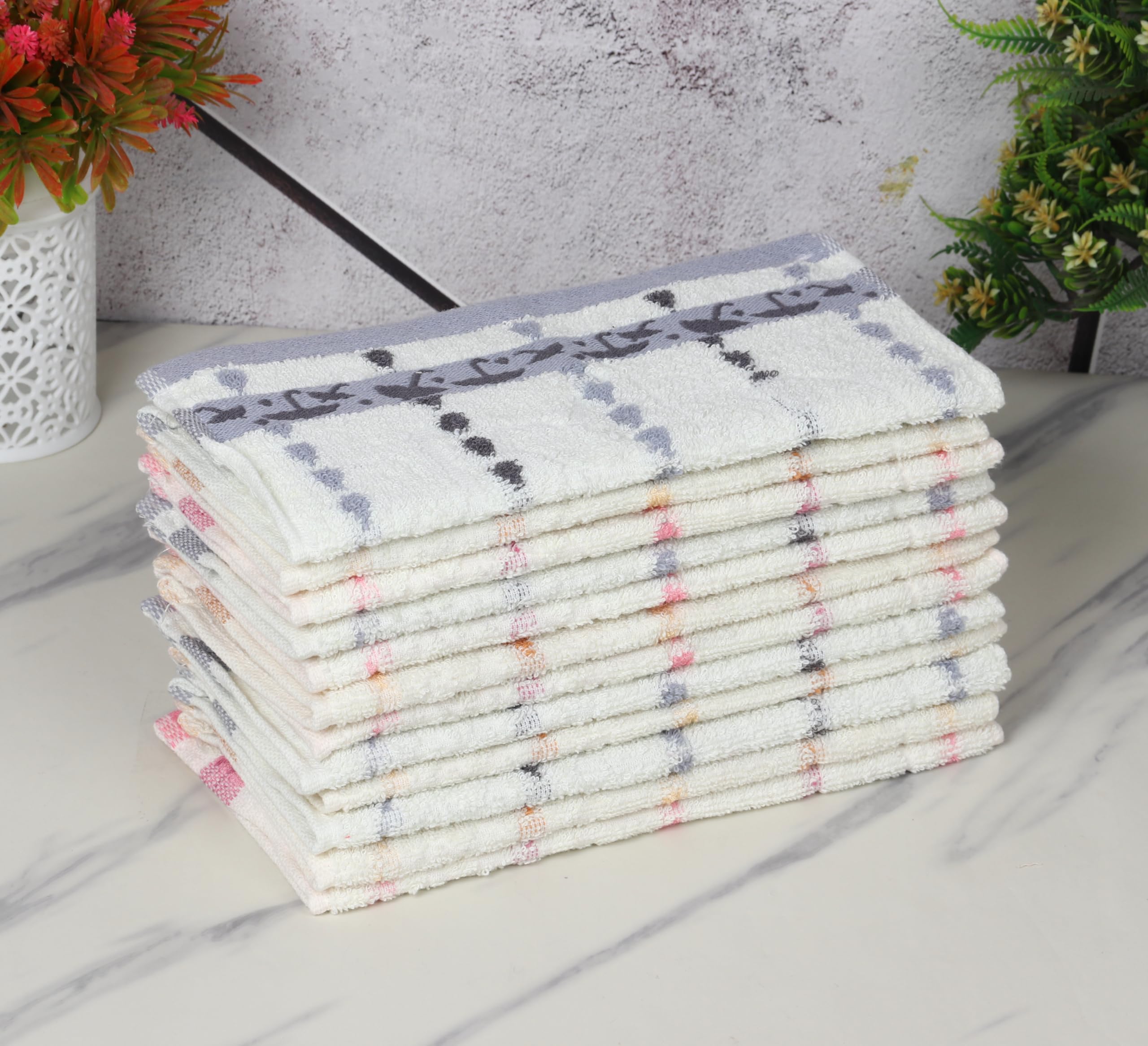 GRGRASP 10x10 Inch Terry Cotton Face Towel, Hygienic Washcloth with Check Design, Pack of 12 for Daily Skincare, Gym, and Travel