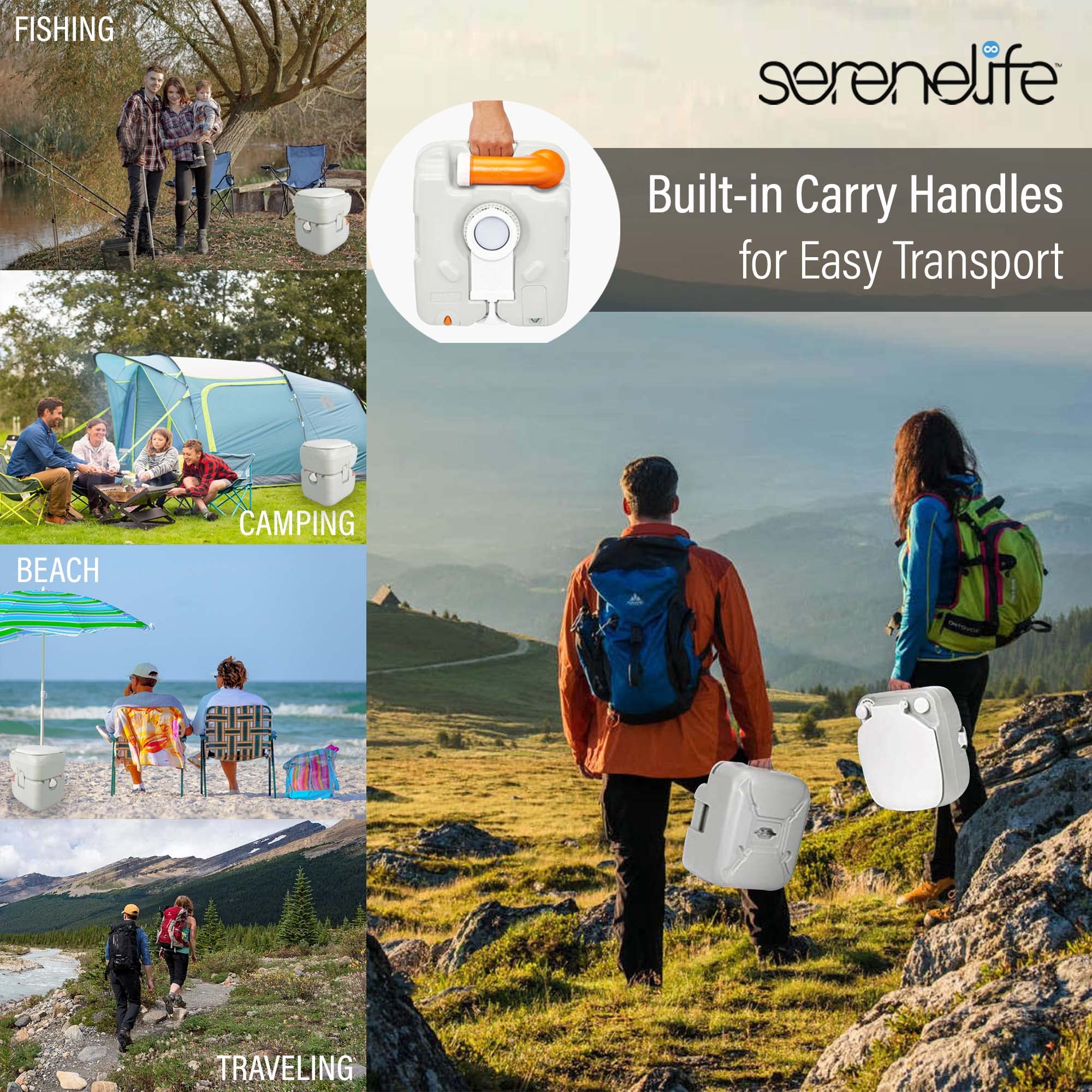 SereneLife 5.8 Gallon Portable Camping Toilet with Carry Bag & Hand Sprayer - Leak Proof Outdoor Toilet with Waste Level Indicator - Compact Travel Potty for Camping, Hiking, RV, Road Trips & Emergency Use at Home