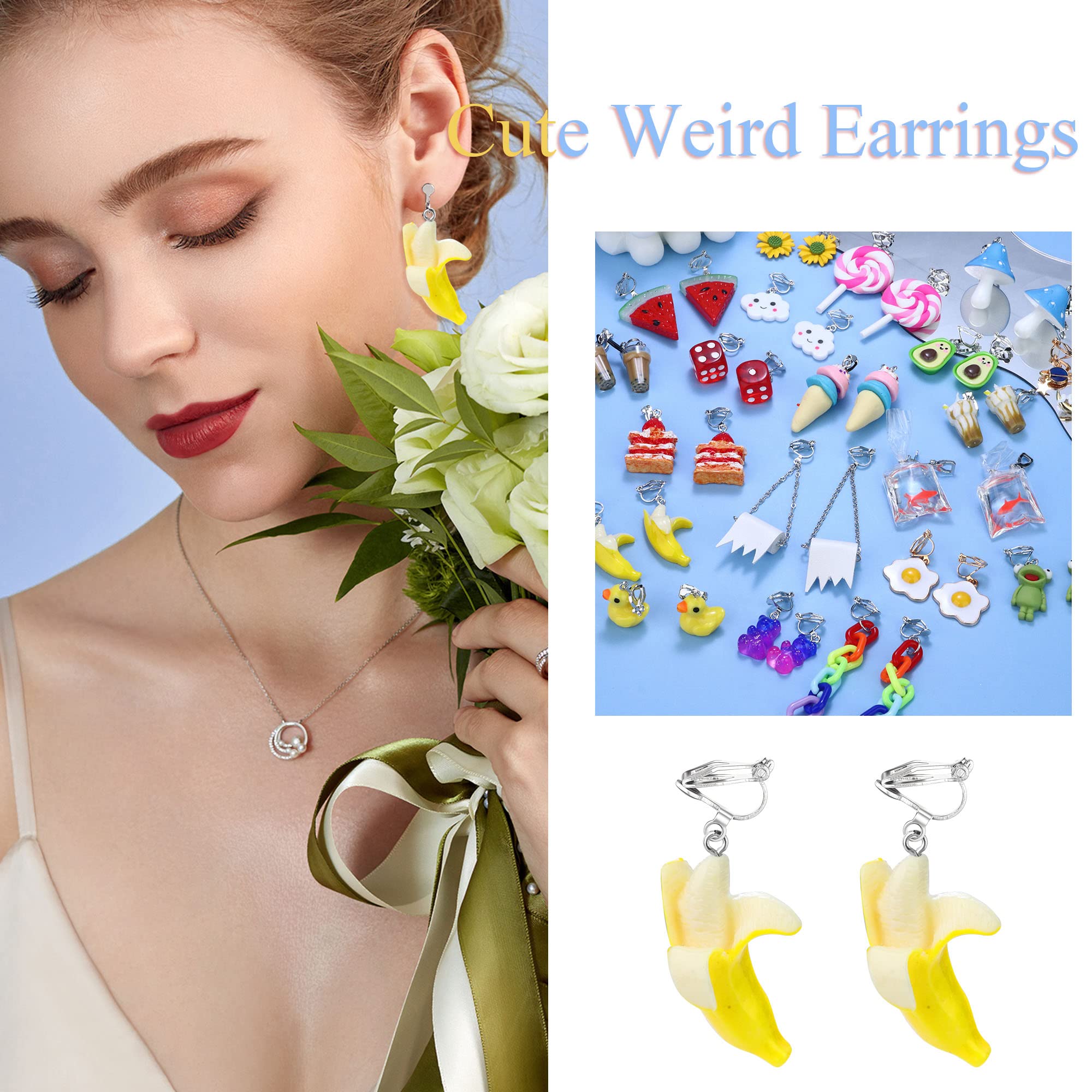 **Kakonia 20 Pairs Cute Clip-On Earrings for Women & Girls – Fun Drop Dangle Earrings in Mushroom, Strawberry, Flower & Animal Designs – Kawaii Non-Pierced Earrings with Clear Box – Perfect for Parties, Gifts & Everyday Wear**