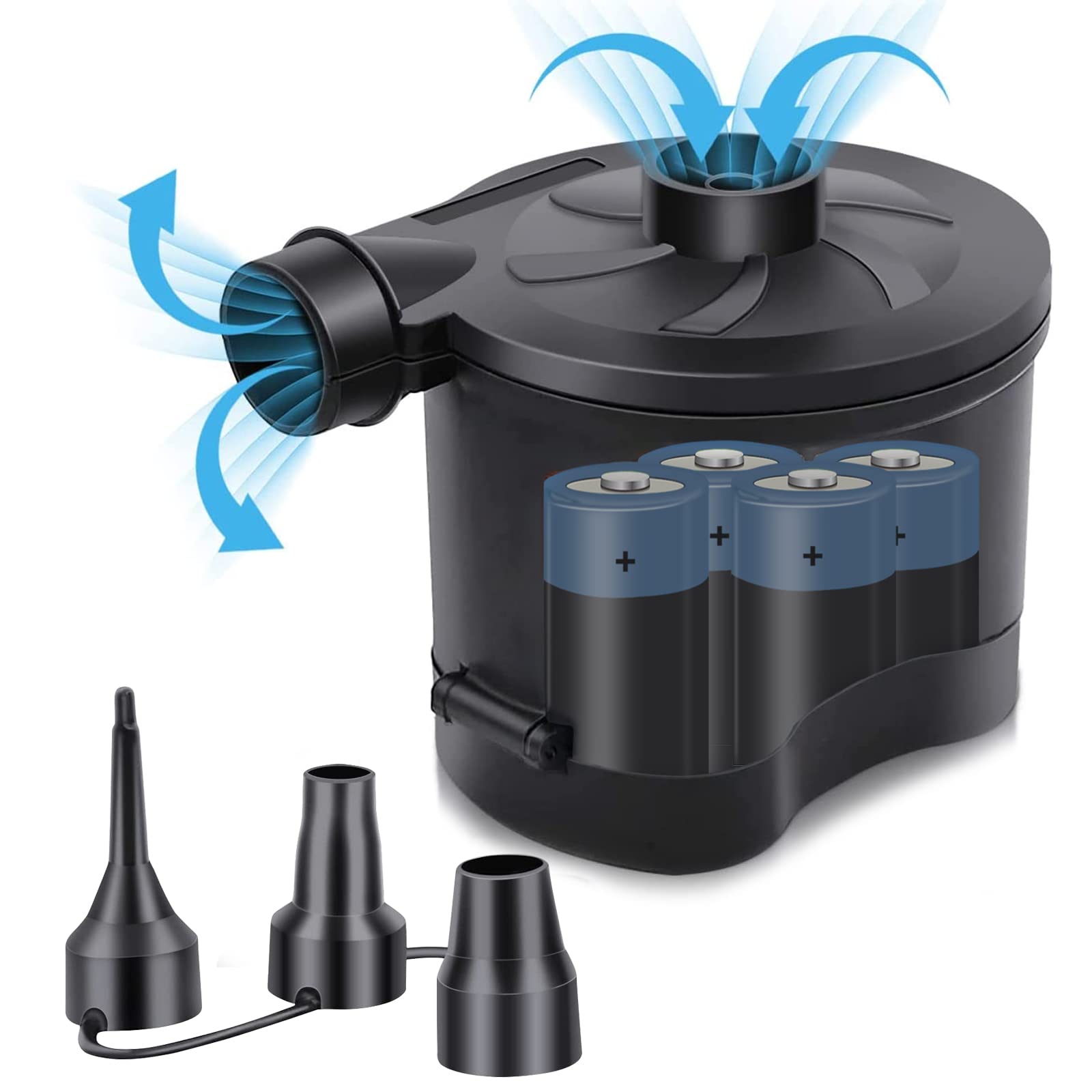 OBEST Portable Electric Air Pump - Battery Powered Inflator & Deflator for Air Mattress, Pool Floats, Rafts, Boats & Toys - Includes 3 Nozzles - Perfect for Camping, Beach Trips & Outdoor Adventures