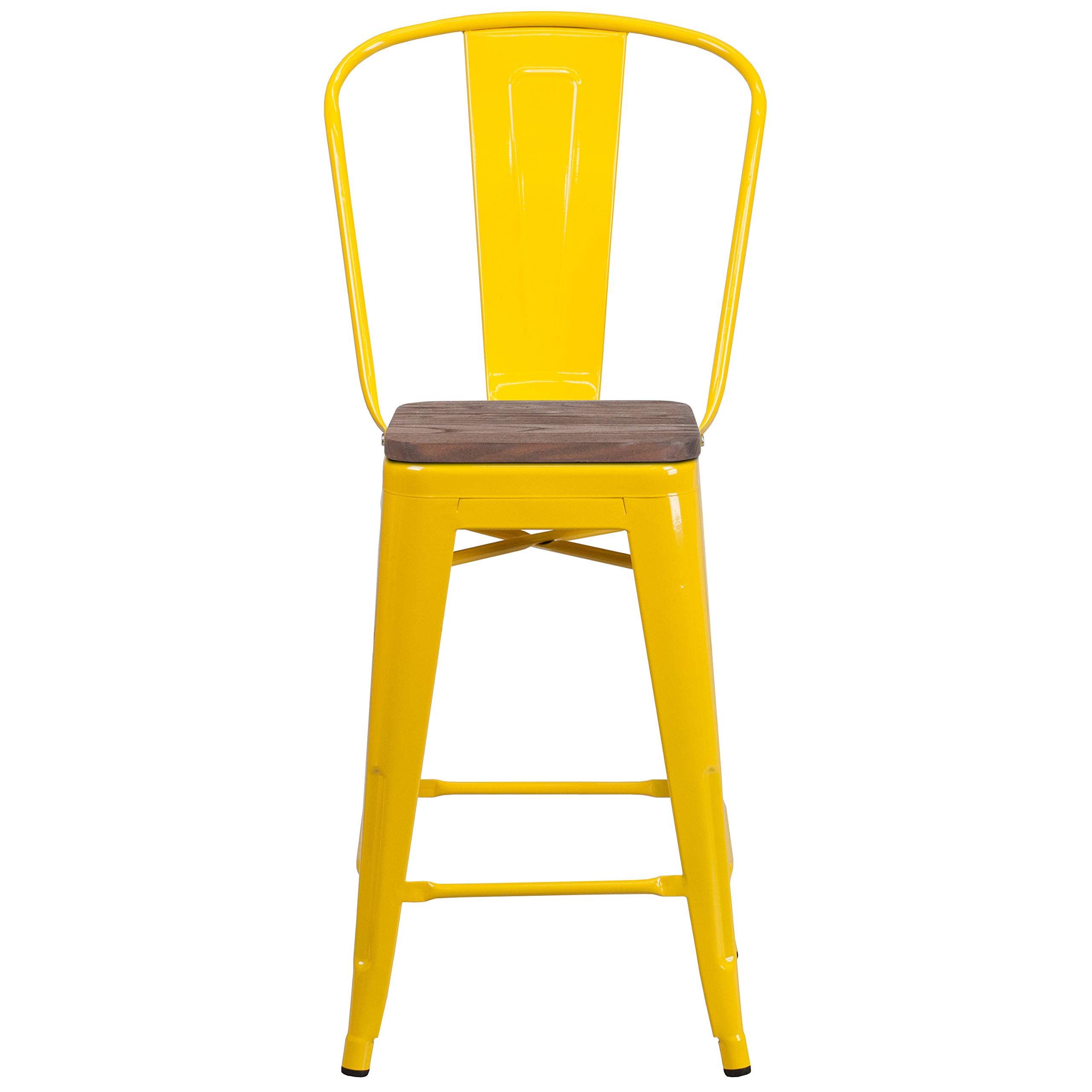 EMMA + OLIVER 24 Inch Yellow Metal Counter Height Bar Stool with Backrest and Solid Wood Seat - Perfect for Kitchen Islands, Breakfast Bars & Home Decor