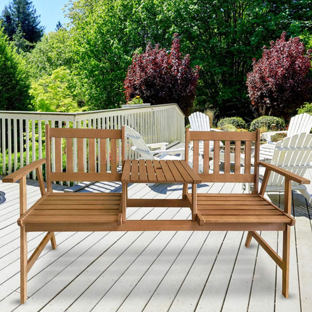 Outdoor Patio Bench Set - Solid Eucalyptus Wood Garden Loveseat with Umbrella Hole | Perfect for Poolside, Beach, Backyard, Balcony & Deck Conversations | Durable Patio Furniture for Outdoor Relaxation