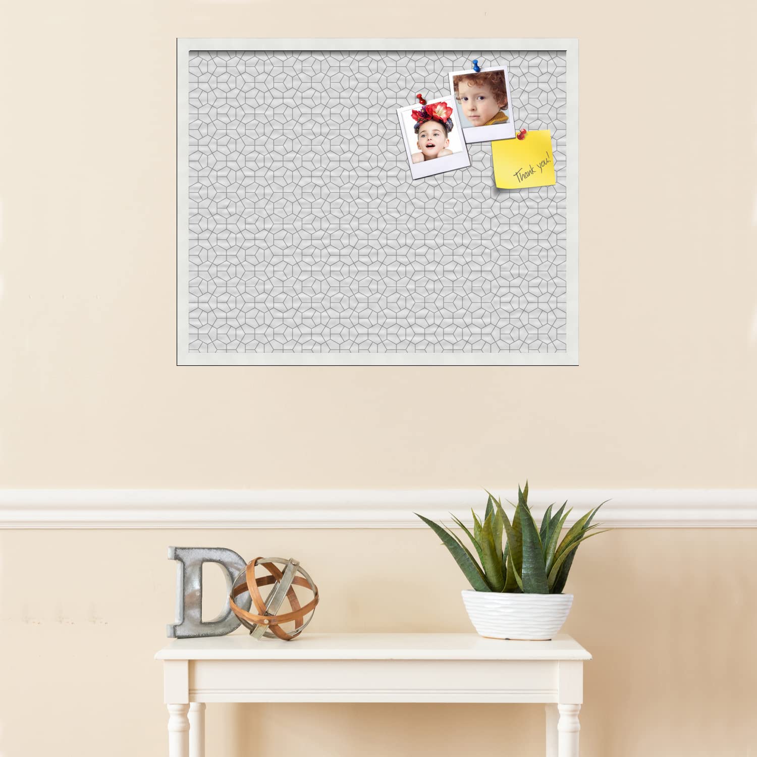 PinPix 30x24 Inch Cork Bulletin Board with Hex Grey Design & White Frame - Wall Mounted Memo Board for Home Office Decor, School Classroom, Dorm Room Organization & Message Display (PinPix-1538)