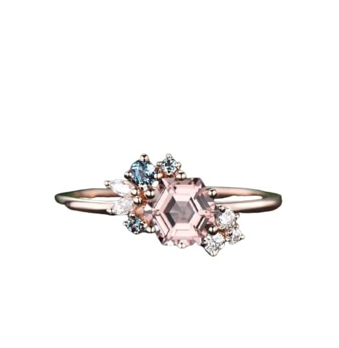 Hexagon Cut Pink Morganite & Alexandrite Vintage Engagement Ring for Women - Rose Gold Cluster Marquise Diamond Wedding Band, Unique Gift for Anniversary, Proposal, or Bridal Jewelry