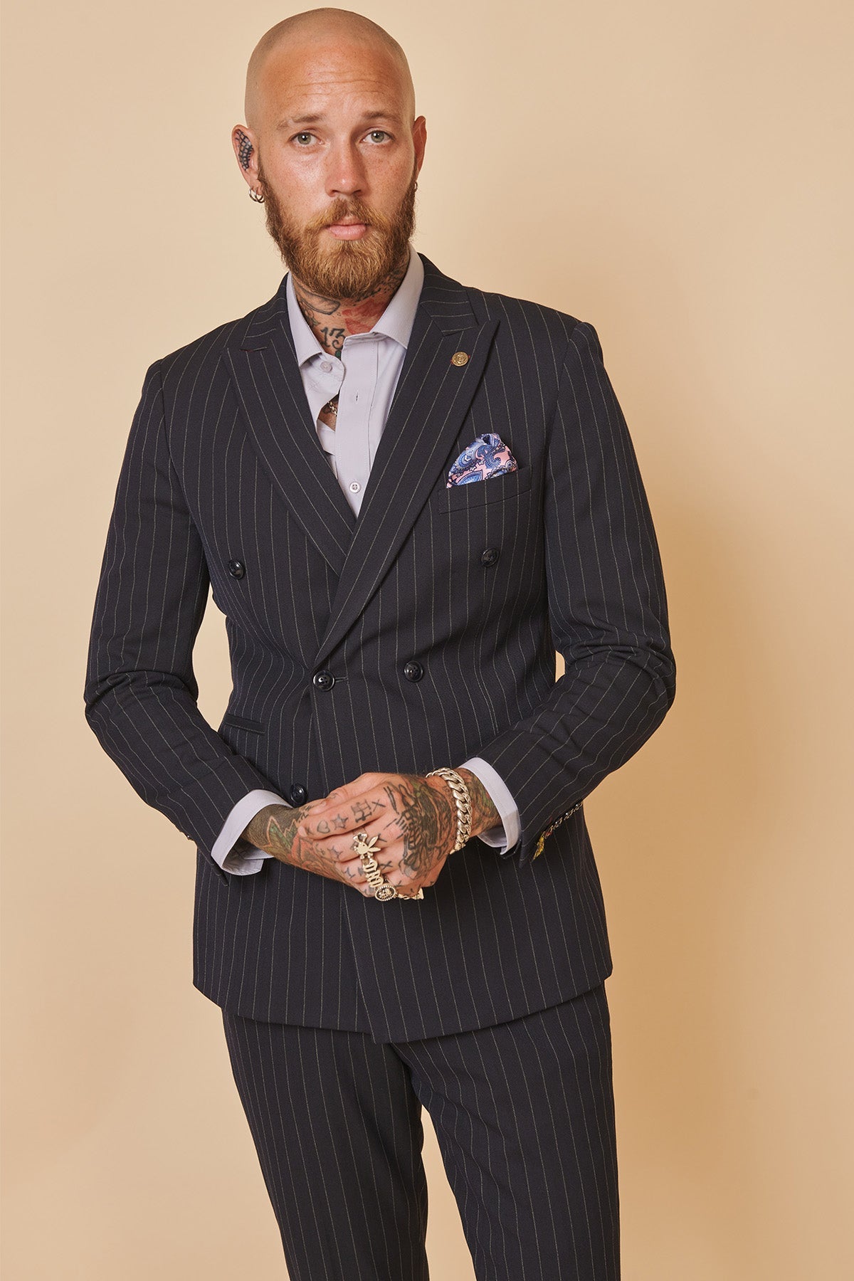 Rocco Navy Pinstripe Double Breasted Two-Piece Suit for Men - Formal Business Attire & Wedding Suits | Inspired by Coronation Street's Mason Radcliffe (Luca Toolan)