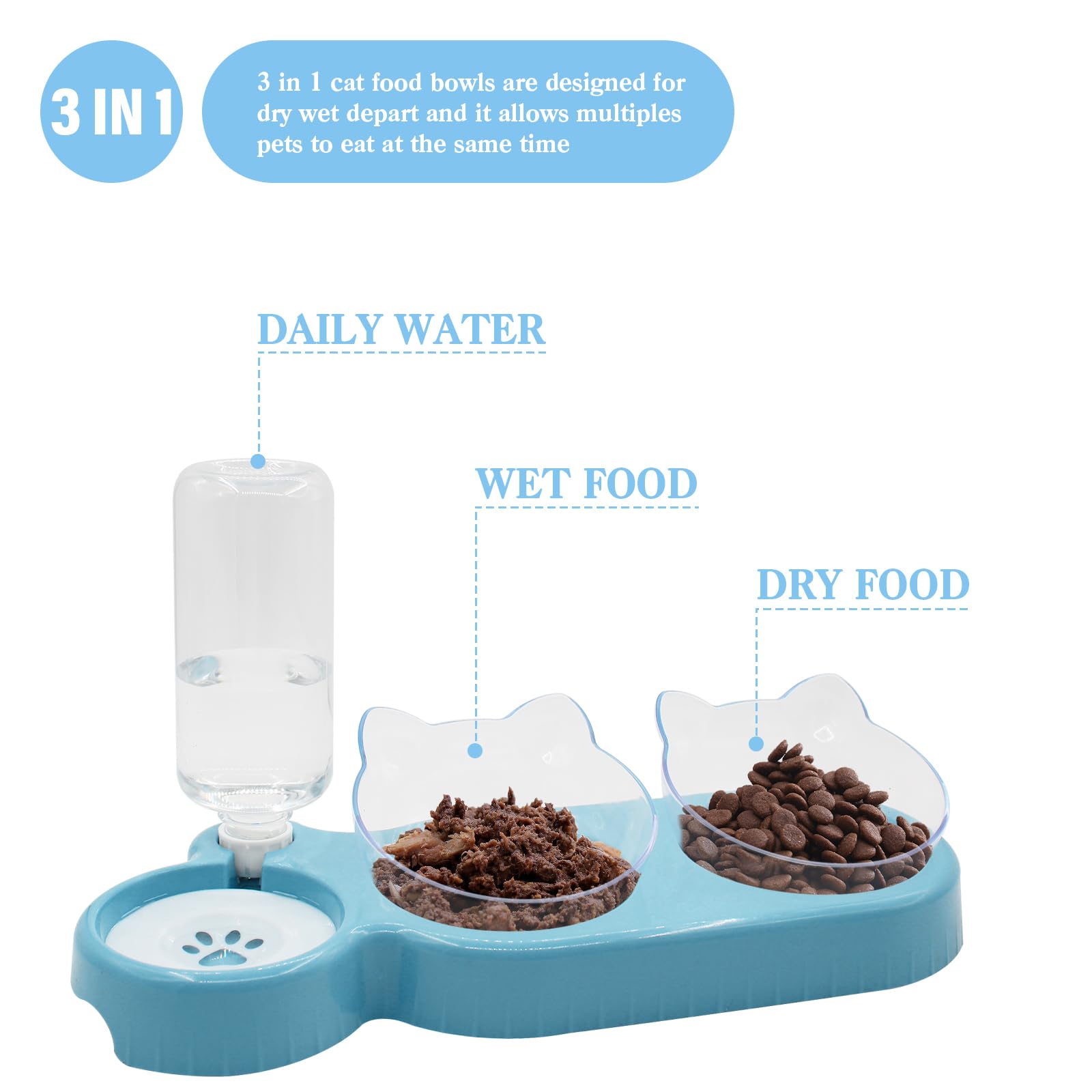 Elevated Triple Cat Bowls Set - 15° Tilted 3-in-1 Food & Water Feeder with Automatic Bottle | Whisker-Friendly Wet/Dry Feeding Dishes for Cats & Small Dogs | Durable Sky Blue Design | Perfect for Home, Kitchen or Travel Use