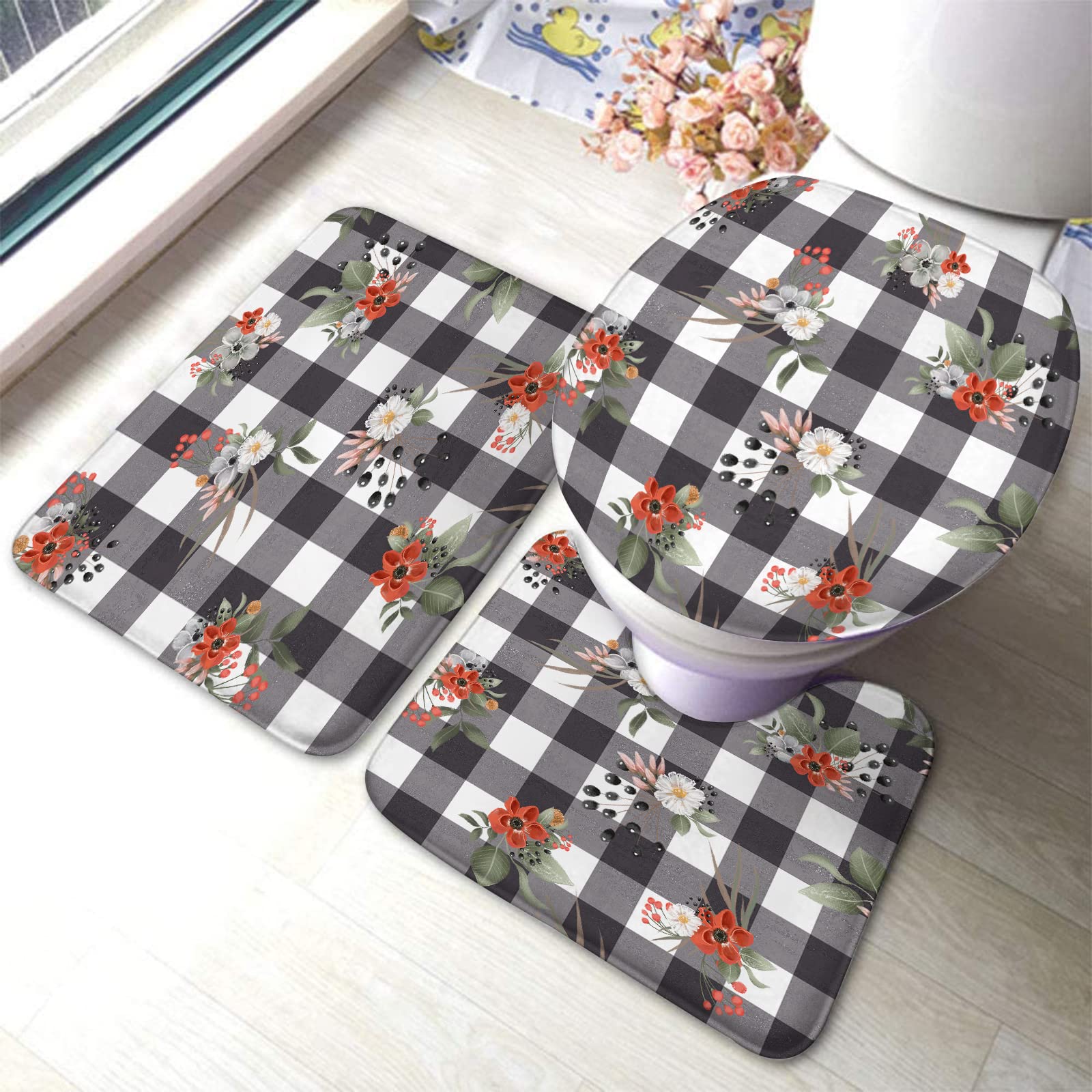 3-Piece Bathroom Rug Set - Non-Slip Black & White Buffalo Plaid Floral Bath Mats with Toilet Contour Mat & Lid Cover | Soft Absorbent for Bathroom, Toilet, Shower Floor | Perfect for Home, Apartment, Dorm Decor