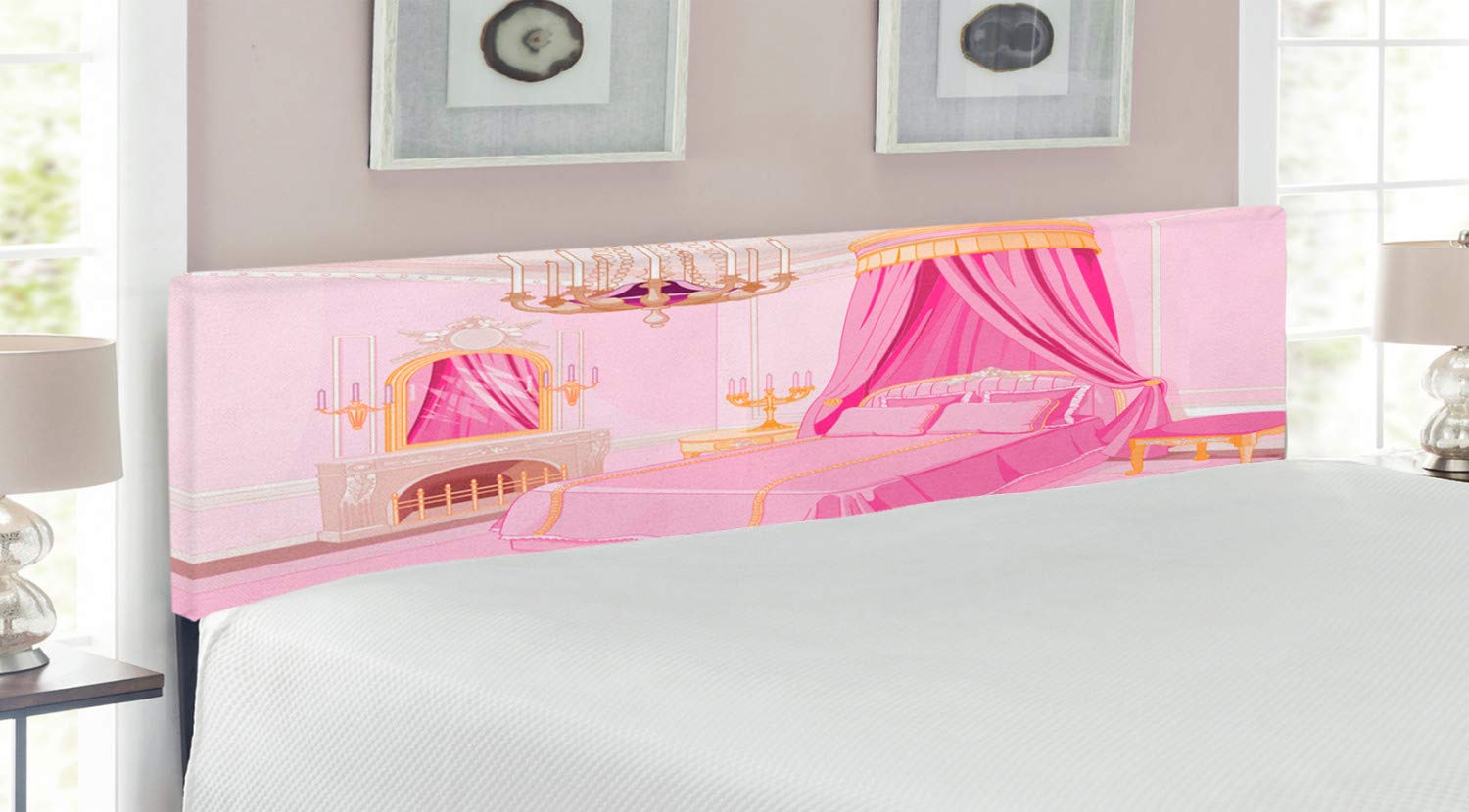 Ambesonne Cartoon Headboard - Vintage Magic Bedroom Decor with Memory Foam, King Size Upholstered Metal Bed Frame in Pink & Yellow | Perfect for Kids Room, Nursery, or Whimsical Bedroom Design