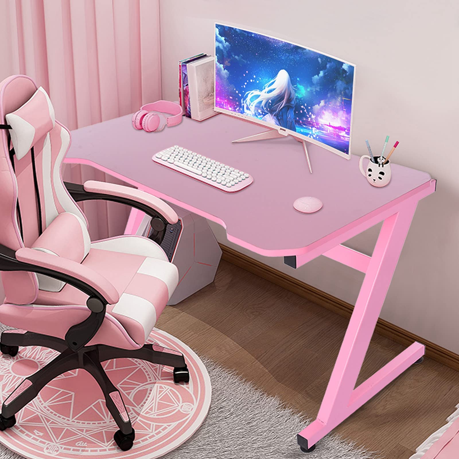 47.2 Inch Pink Gaming Desk - Ergonomic Z-Shaped Computer Table for Home Office & Gaming Workstation | Perfect for PC Gaming, Streaming & Remote Work (Pink)