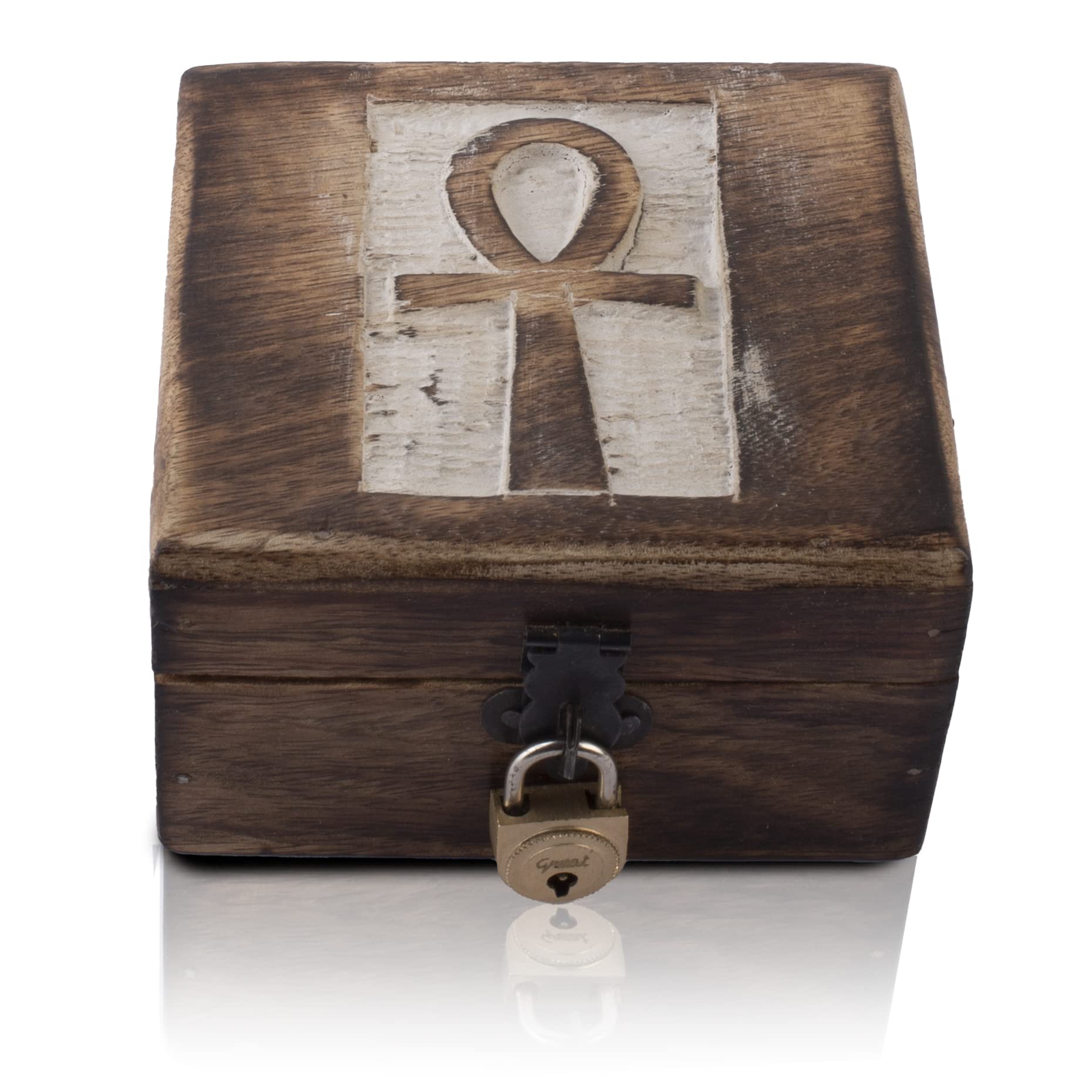 Handmade Wooden Jewelry Box with Ankh Carving - 4x4 Inch Decorative Storage Organizer for Necklaces, Rings & Watches | Perfect Housewarming Gift, Keepsake Box & Treasure Chest (White) - Ideal for Bedroom Vanity, Travel & Jewelry Display