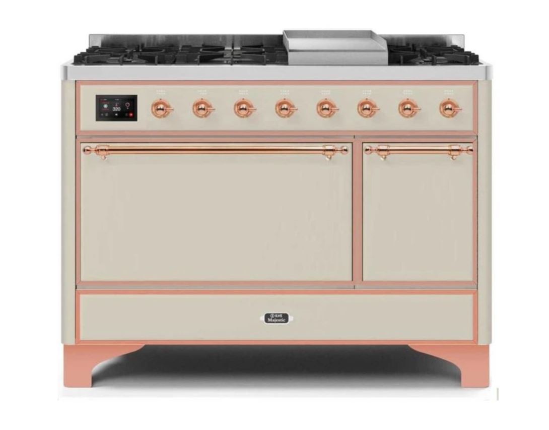 ILVE 48 Inch Majestic II Series Freestanding Dual Fuel Range - 8 Sealed Brass Burners with Non-Stick Coating & Griddle - Propane Gas Stove for Professional Home Kitchen (UM12FDQNS3) | Perfect for Large Family Cooking, Holiday Entertaining & Gourmet Meal Preparation