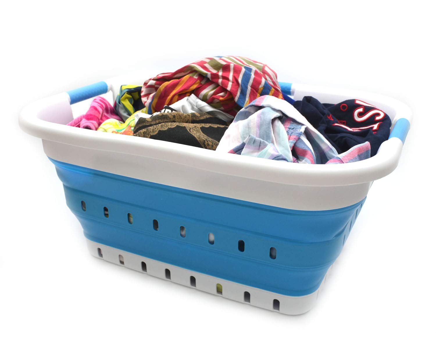 Sammart 41L Foldable Laundry Basket with 3 Handles - Collapsible Storage Organizer for Clothes, Toys & Home Essentials - Portable & Space Saving Hamper (White/Sky Blue) - Perfect for Dorm, Apartment & Travel Use