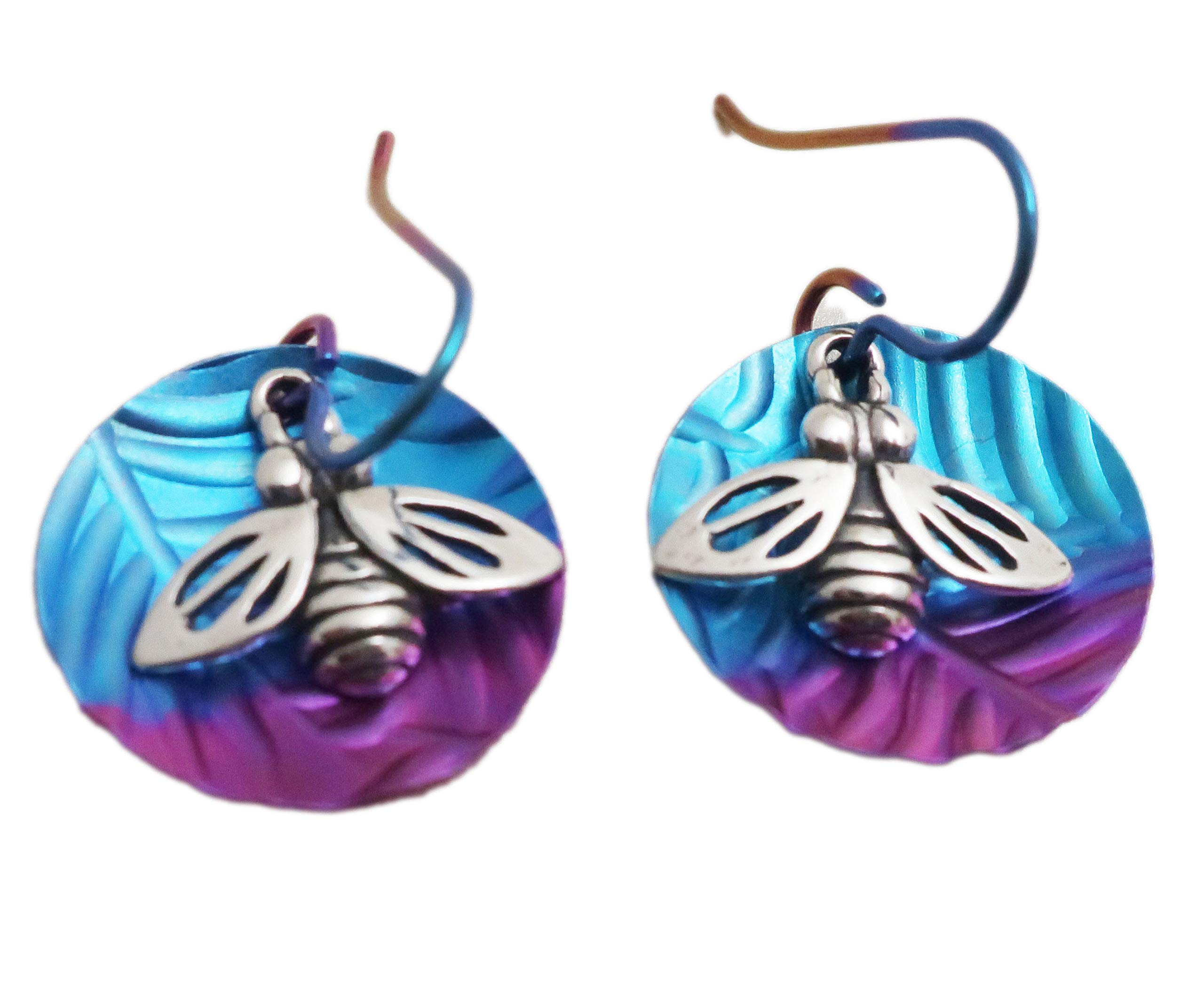 Hypoallergenic Niobium Sterling Silver Honey Bee Dangle Earrings in Aqua Purple - Lightweight Jewelry for Sensitive Ears | Perfect for Everyday Wear, Gift Giving & Boho Fashion