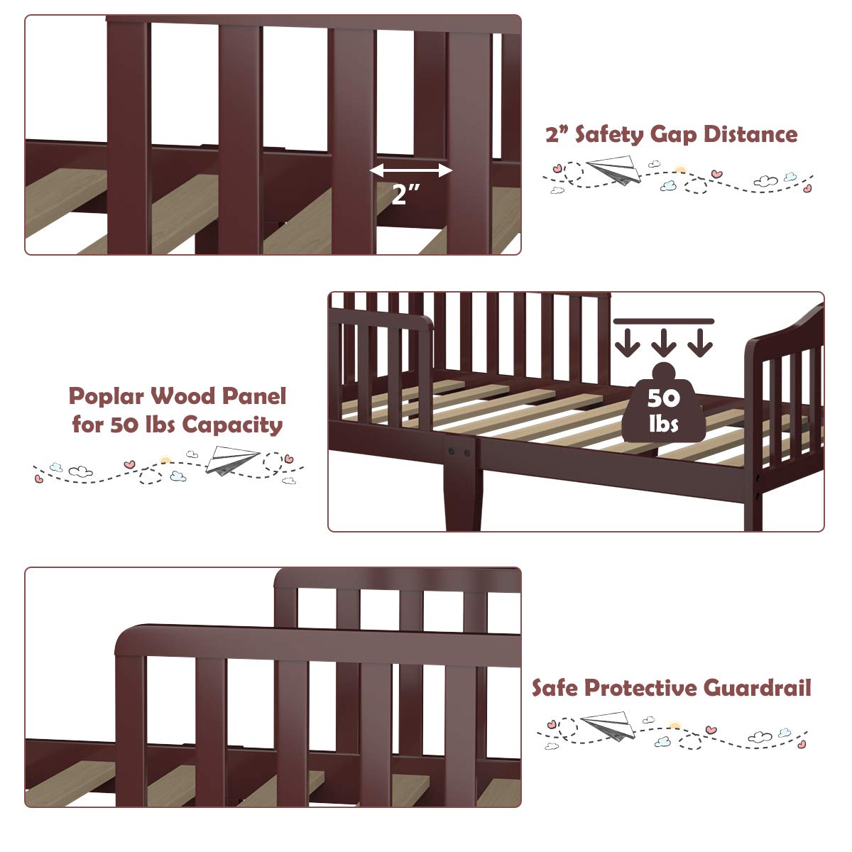 Costzon Toddler Bed - Classic Wooden Kids Bed Frame with Double Safety Guardrail, Low to Floor Design & Wooden Slat Support - Fits Full Size Crib Mattress - Perfect Nursery Furniture for Boys & Girls (Cherry) - Ideal for Safe Toddler Sleep Transition & Small Bedroom Spaces