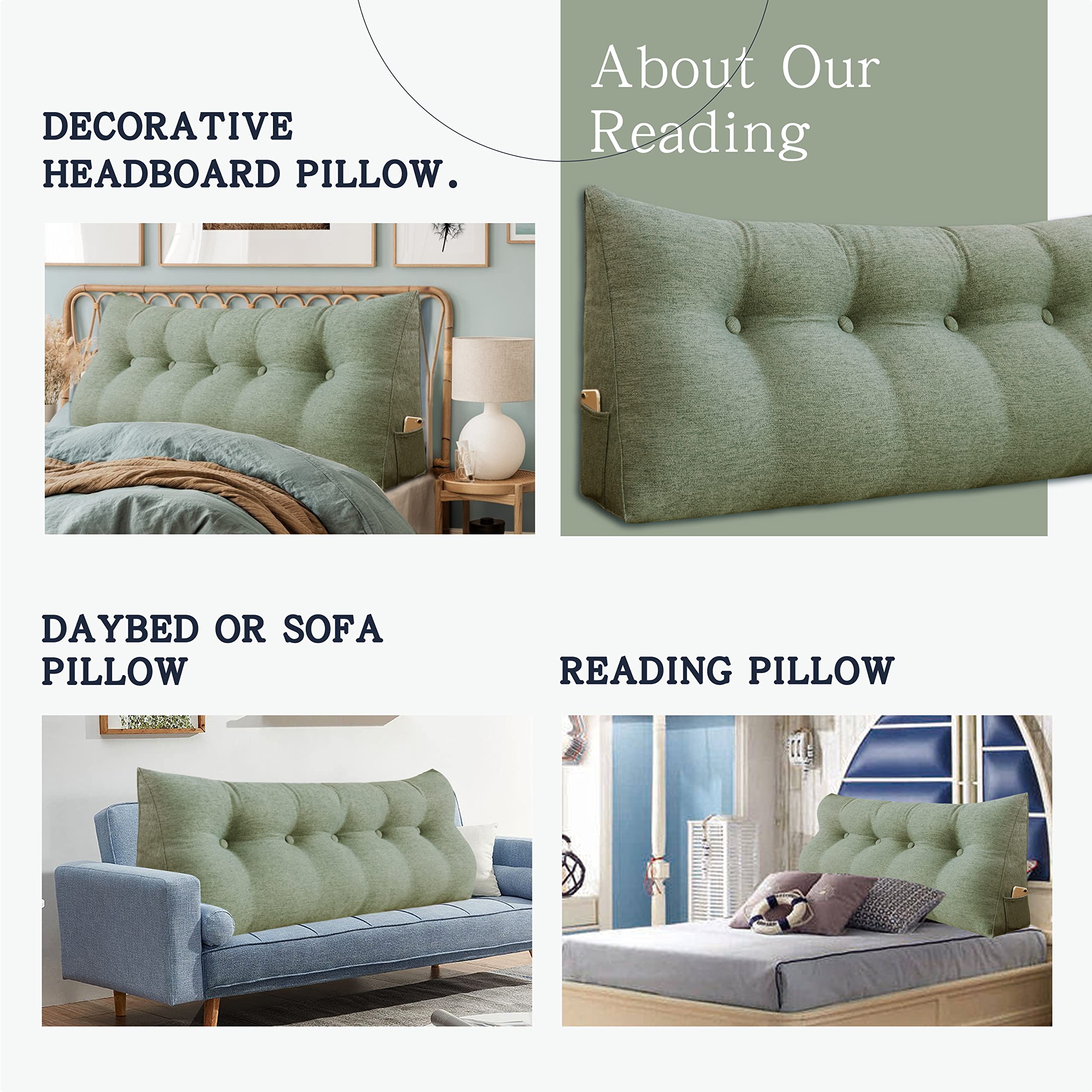 **Triangular Headboard Wedge Pillow - Upholstered Green King Size Bed Rest Pillow for Daybeds, Reading & Lumbar Support - Perfect for Back Pain Relief, Gap Filling & Stylish Home Decor**