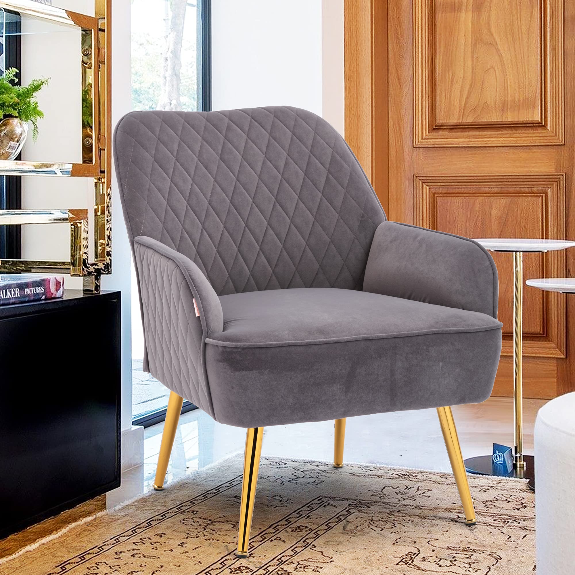 Modern Velvet Accent Chair with Gold Metal Legs - Stylish Living Room, Dining Room, Club Lounge & Bedroom Upholstered Armchair for Leisure & Guests (Gray) | Perfect for Small Spaces, Apartments & Home Offices