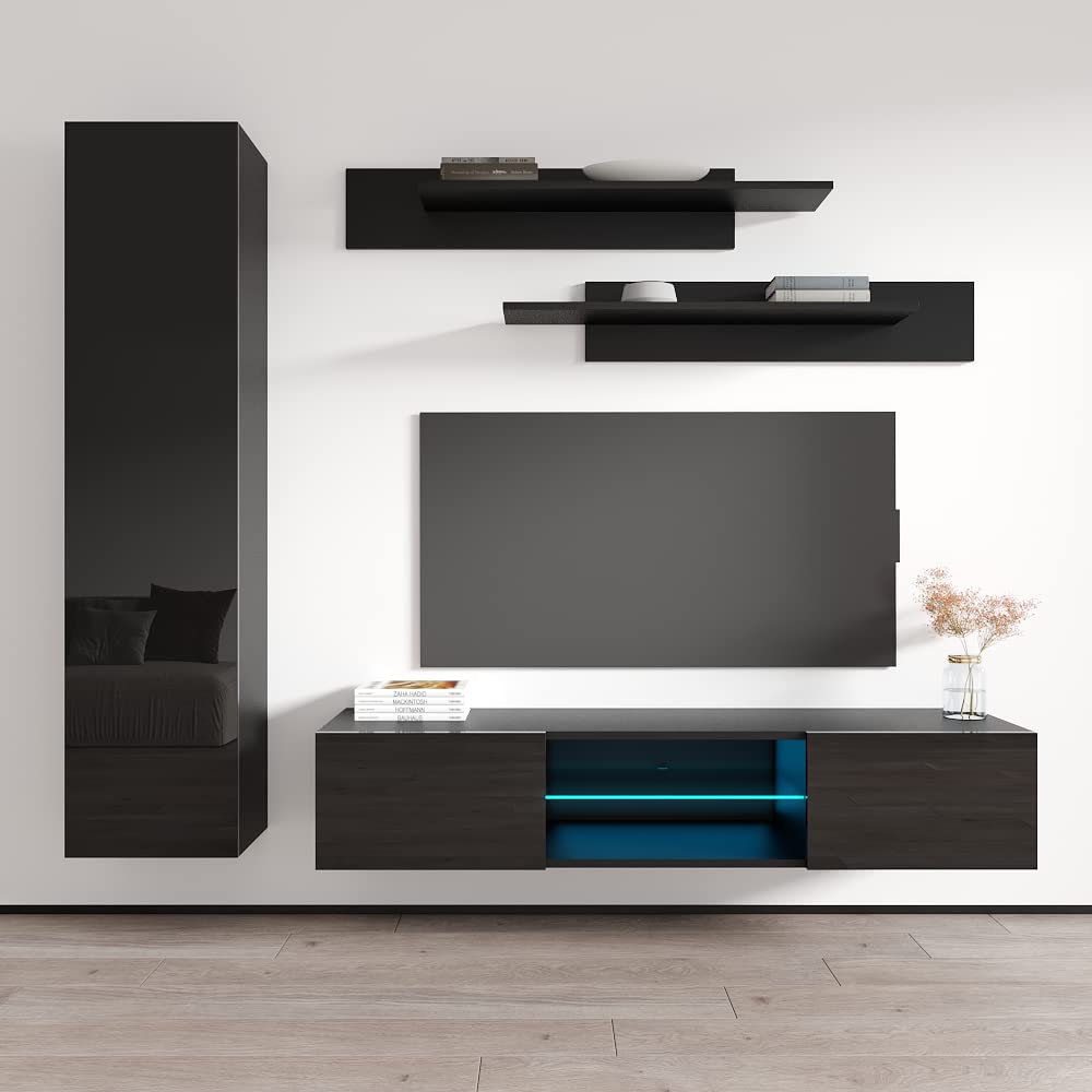 Modern Floating TV Stand with Storage & LED Lights - Wall-Mounted Entertainment Center for Bedroom & Living Room - 33 Inch TV Console with Shelves - Black - Perfect for Small Spaces & Home Theater Setup