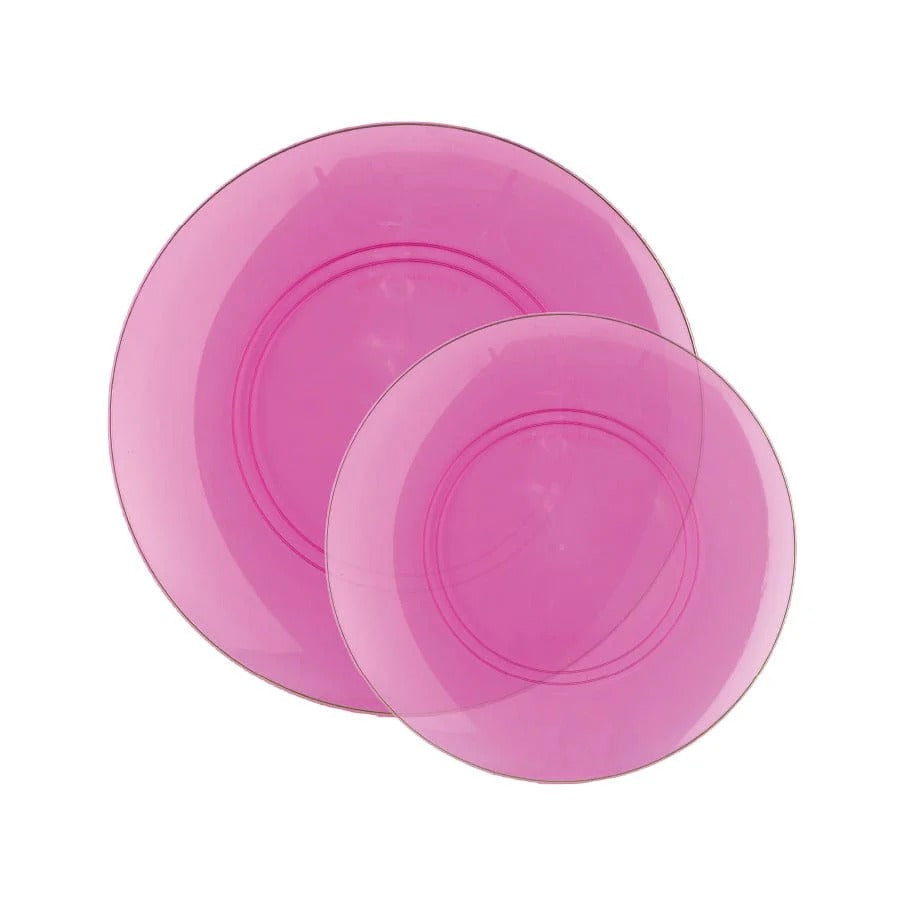Transparent Hot Pink & Gold Rim Round Plastic Plates - 12-Pack Organic BPA-Free Disposable Dinnerware for Parties, Weddings, & Events