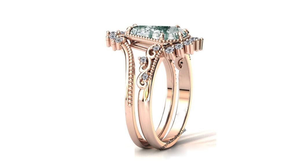 Vintage Art Deco Coffin Shaped Moss Agate Engagement Ring Set - 925 Sterling Silver Wedding Band, Anniversary Gift for Women - Perfect for Bridal Jewelry, Christmas Presents & Special Occasions