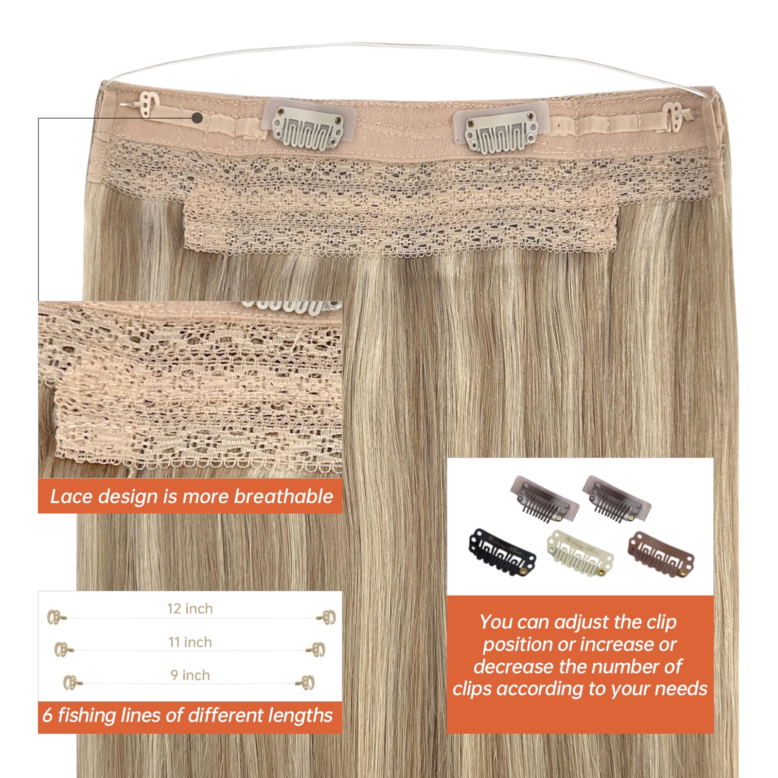 Sunny Wire Hair Extensions - 18 Inch Real Human Hair with Invisible Wire, Golden Blonde & Medium Blonde Highlights (#16/22) - Perfect for Parties, Weddings & Daily Styling