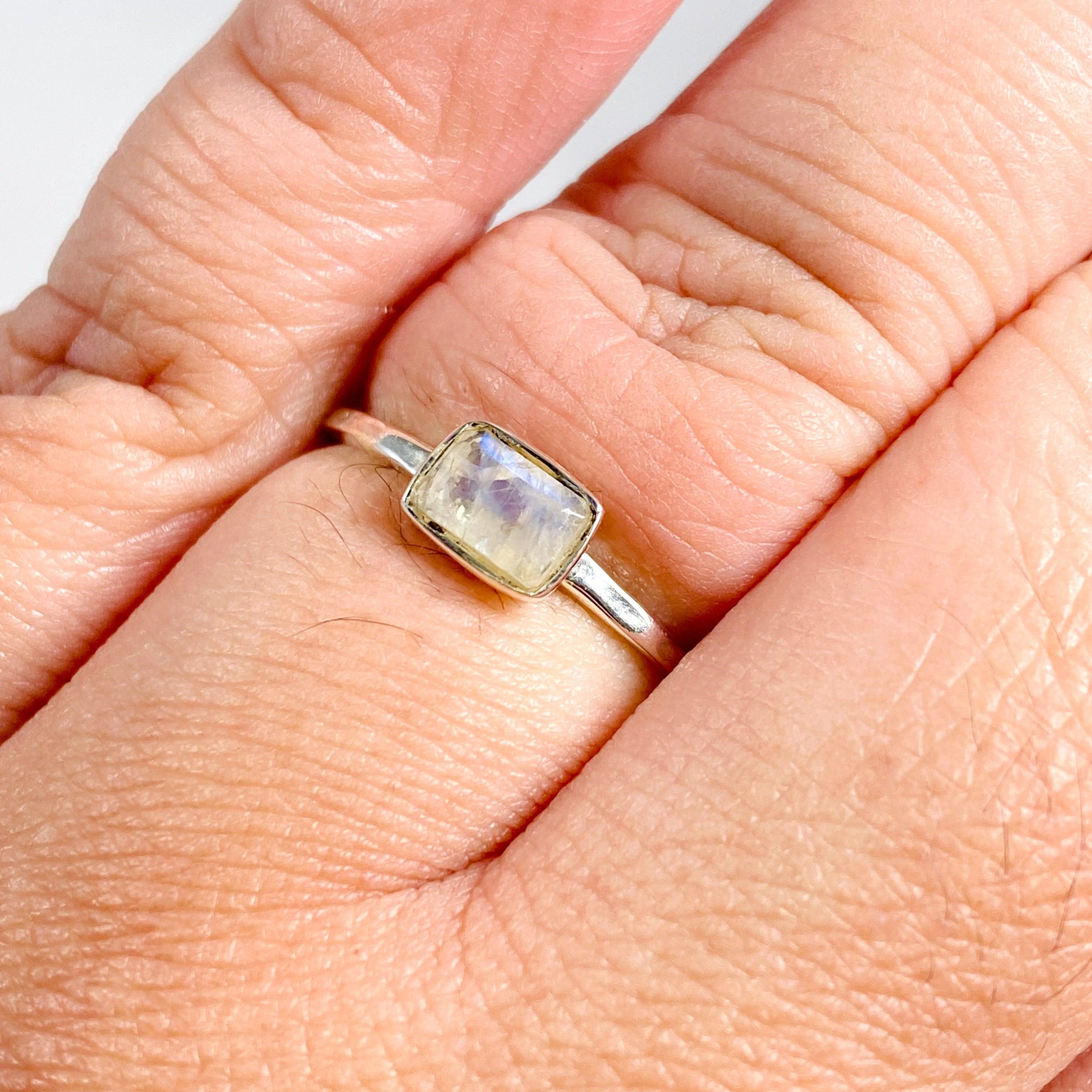 Rainbow Moonstone Faceted Rectangular Band Ring - Sterling Silver Fine Jewelry R3793 RMS for Women's Fashion & Gift Giving