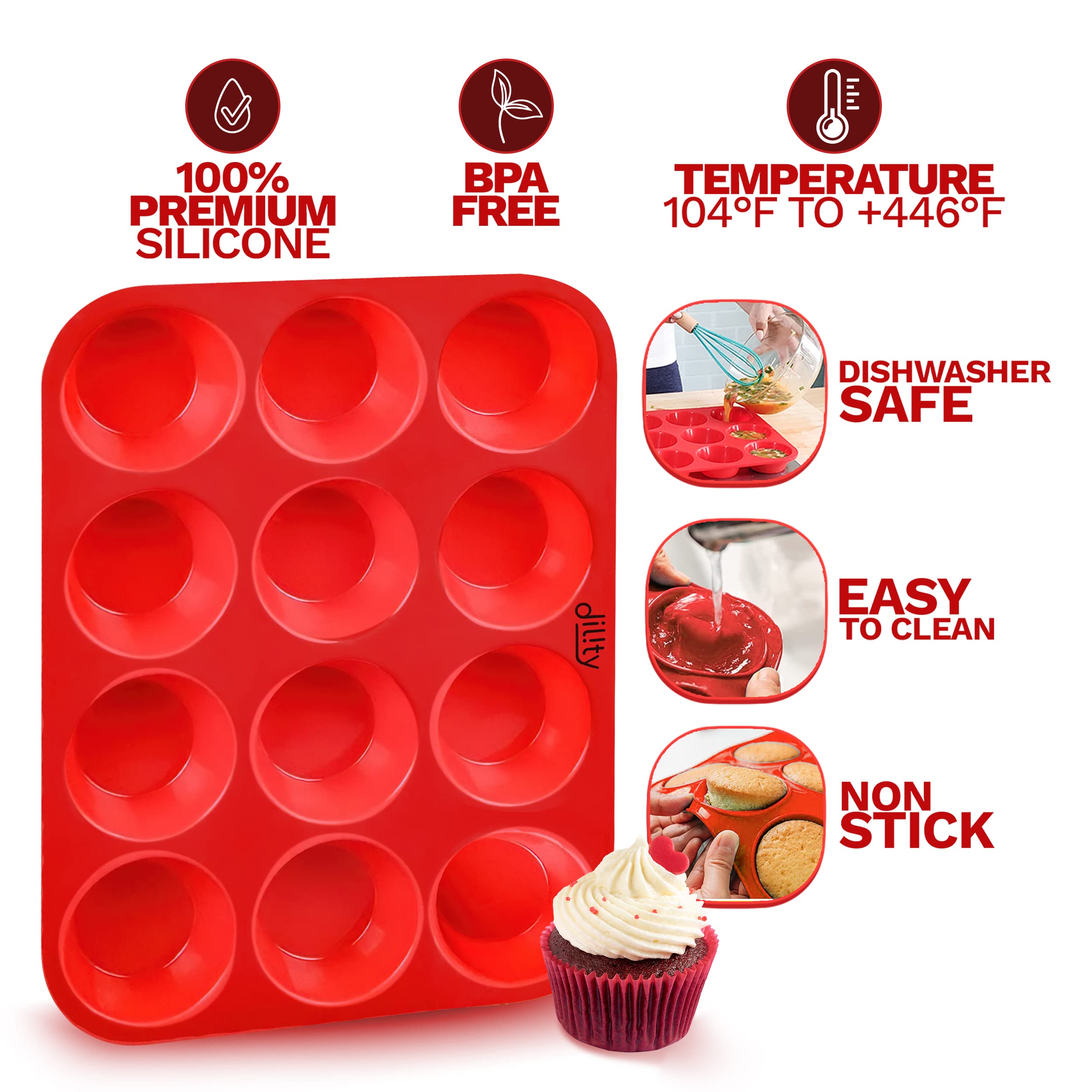 12-Cup Silicone Muffin Pan - Non-Stick Baking Tray for Muffins, Cupcakes & Yorkshire Puddings - Reusable Silicone Cake Mold - Perfect for Home Baking, Parties & Holiday Desserts