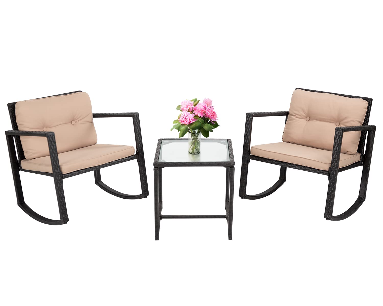 PayLessHere 3-Piece Patio Rocking Bistro Set - Wicker Rattan Chairs with Glass Coffee Table - Outdoor Furniture for Porch, Yard, Backyard, Garden or Cafe | Perfect for Relaxing, Entertaining & Dining Al Fresco
