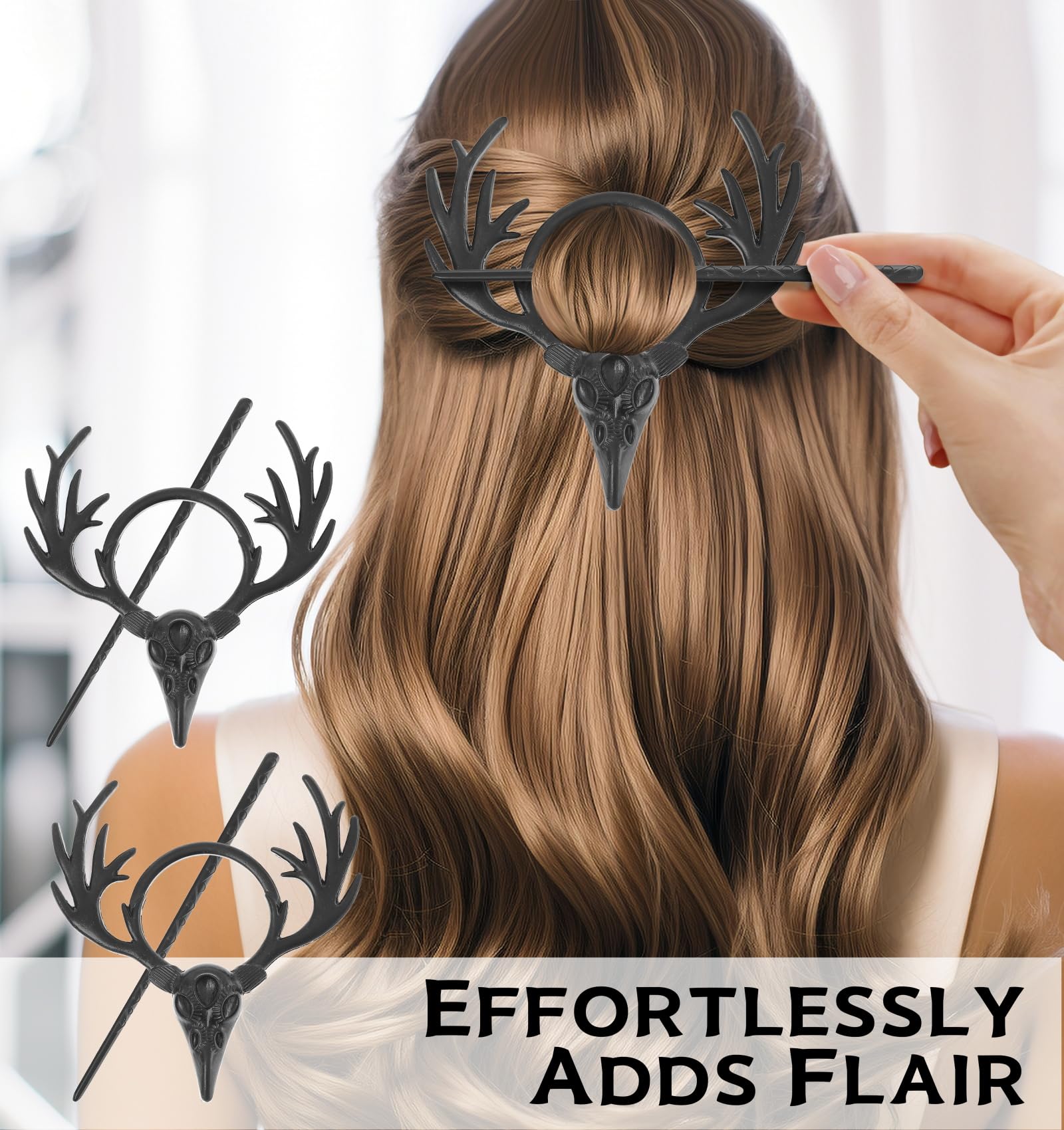 Gothic Raven Skull Antler Hair Pins - Black Wicca Witch Hair Clips for Women | Medieval Renaissance Festival Hair Accessories | Perfect for Halloween, Cosplay & Boho Hairstyles