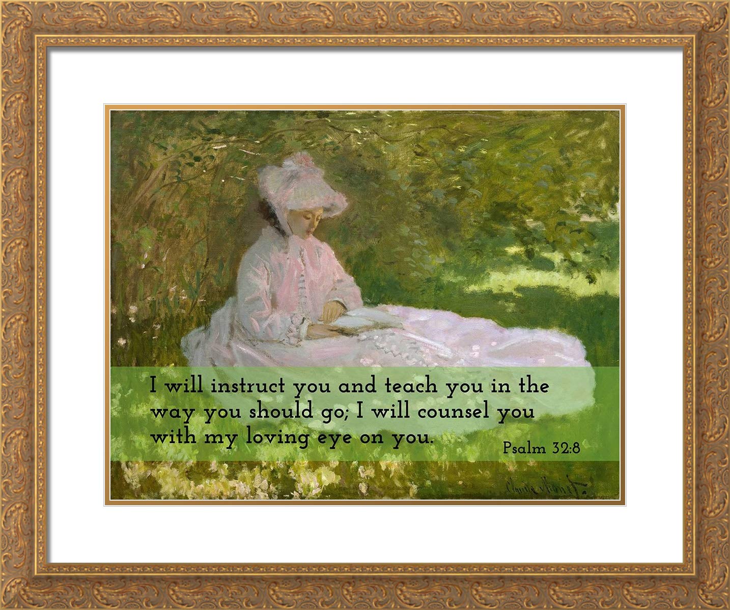 Claude Monet Springtime Art Print - Gold Ornate Frame with Bible Verse Psalm 32:8 for Home & Office Decor