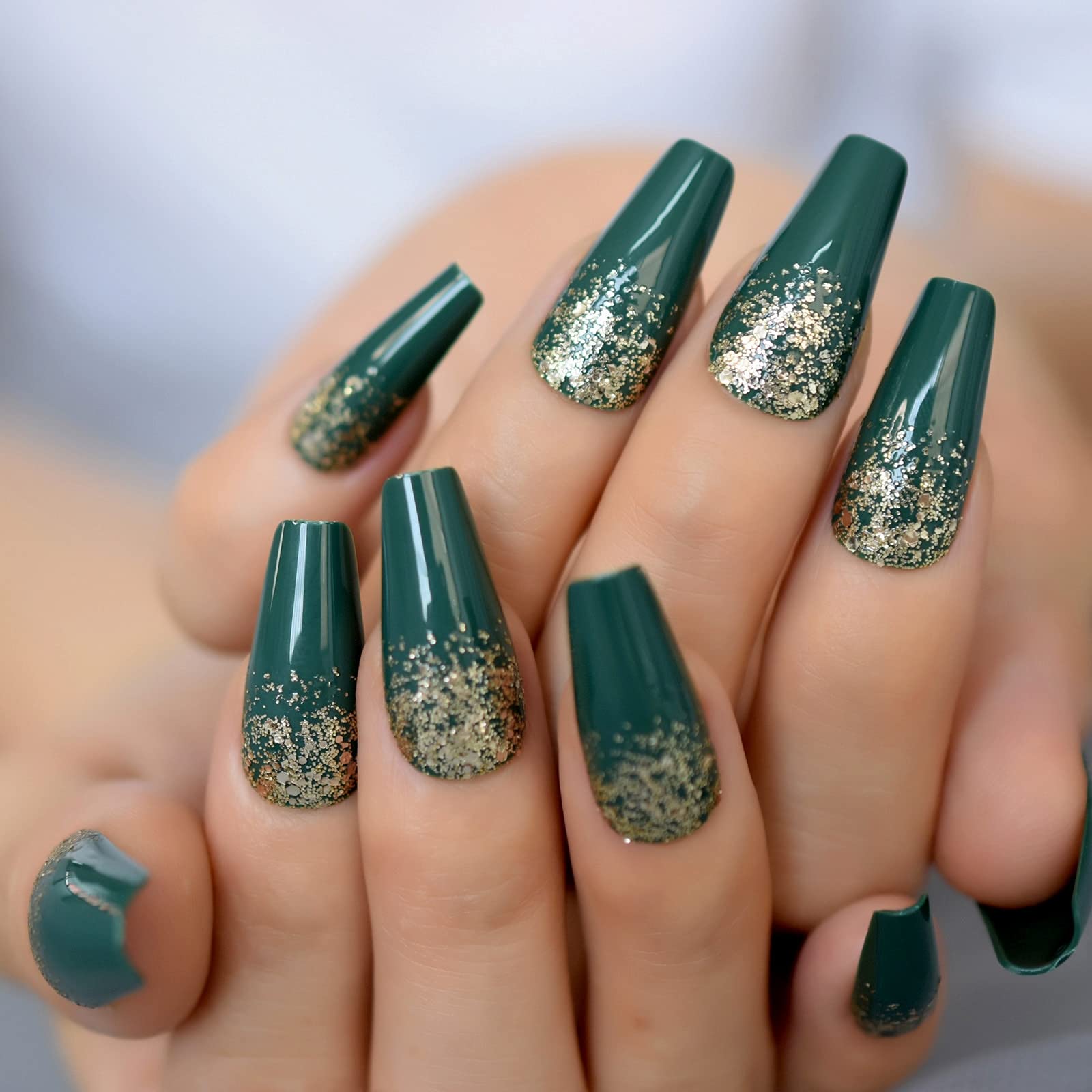 Coolnail Green French Press False Nails with Silver Sequins Glitter - Long Ballerina Coffin Full Cover Artificial Nails for Party, Wedding, Prom & Special Occasions