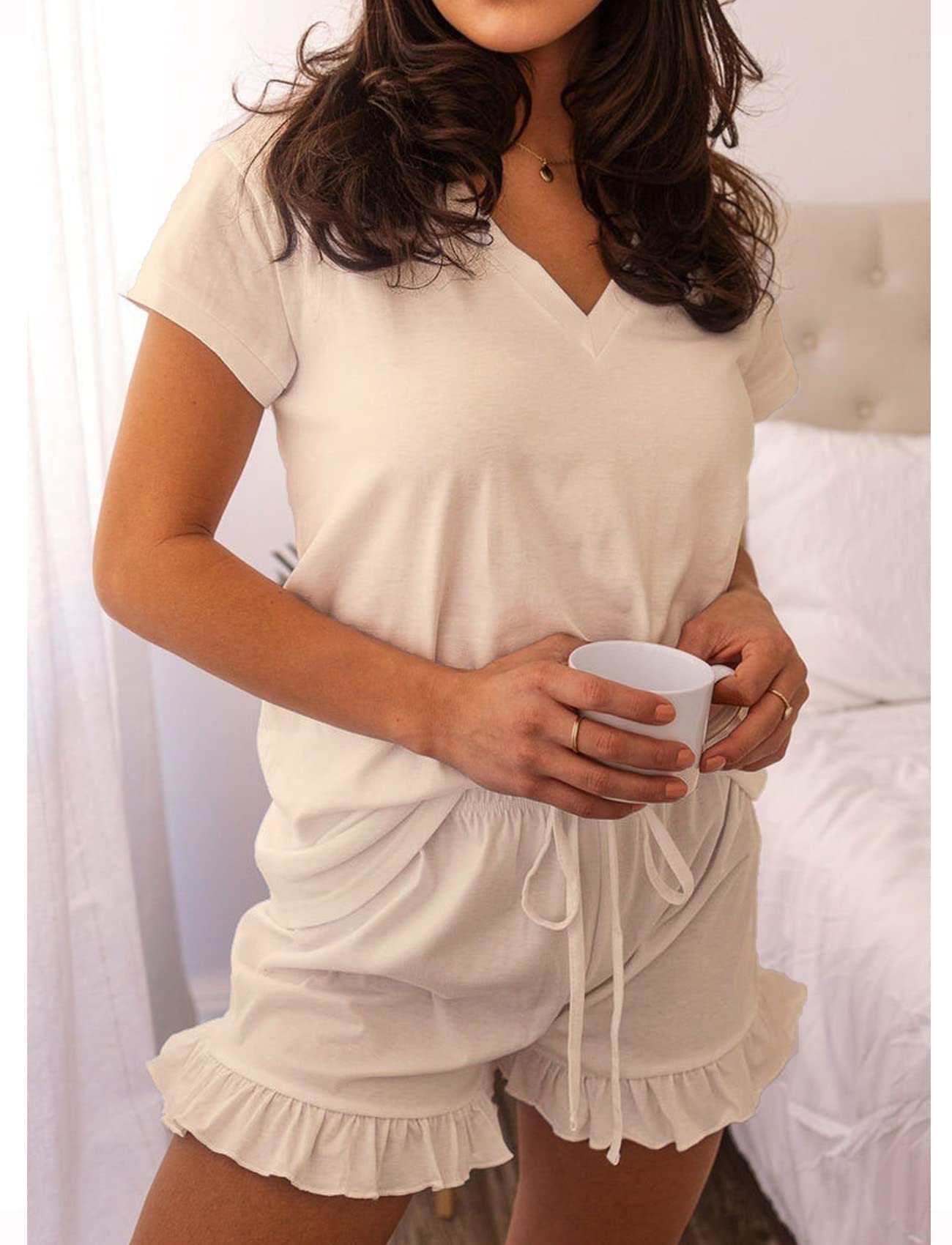 LuckyMore Women's Soft Short Sleeve V-Neck Pajama Set with Lounge Shorts - Comfortable Sleepwear for Nighttime & Casual Wear at Home