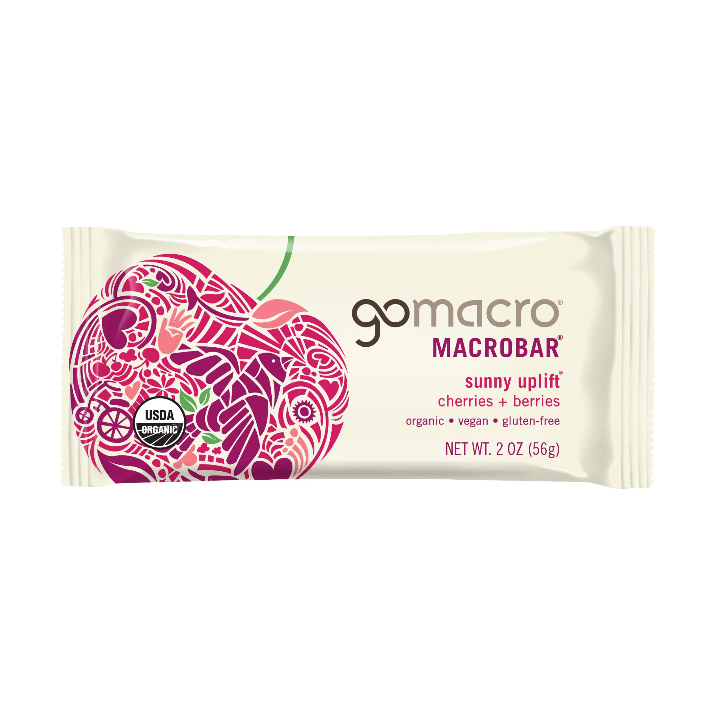 Organic Gomacro Sunny Uplift Bar with Cherries & Berries - 2oz Vegan Protein Snack for Hiking, Workouts & Healthy On-the-Go Energy