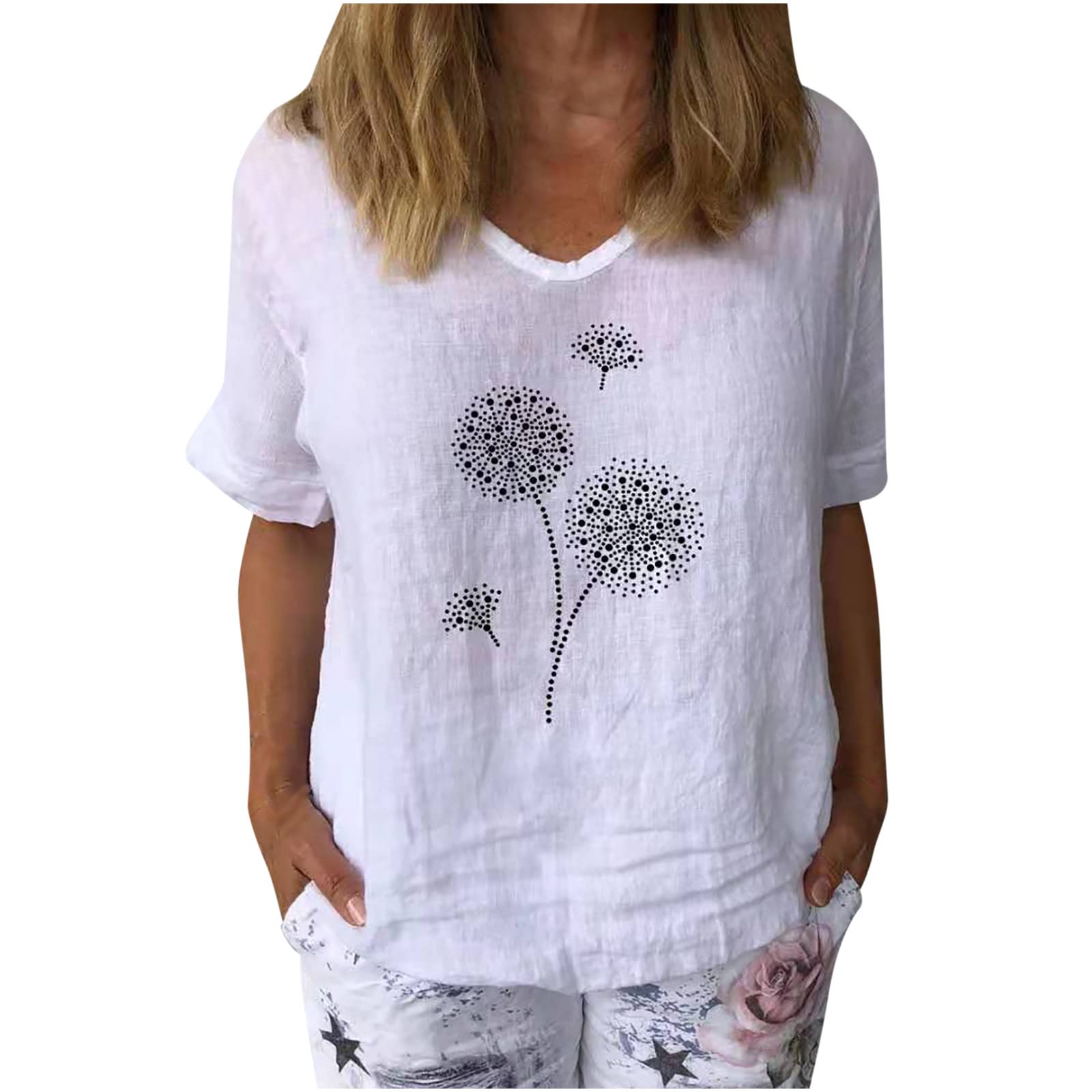 Women's Short Sleeve T-Shirt - Cute Dandelion Print Casual Blouse, Loose Fit Lightweight Top for Everyday Wear | Perfect for Summer Outfits, Beach Days & Casual Office Looks