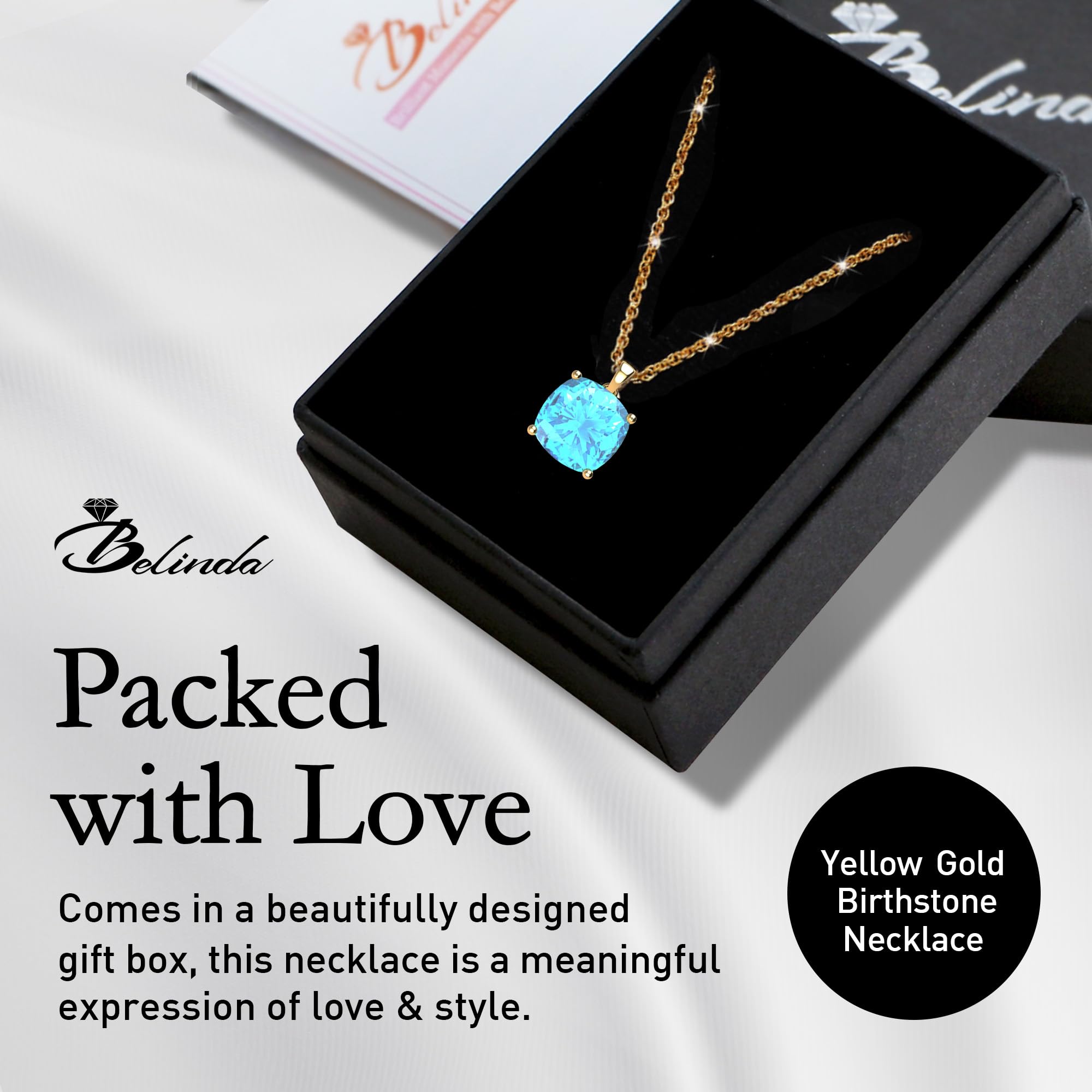 14K White & Yellow Gold Birthstone Pendant Necklace for Women - Sparkling Cushion Cut Gemstone with Sterling Silver Chain - Elegant Fine Jewelry Gift for Birthday, Anniversary & Special Occasions