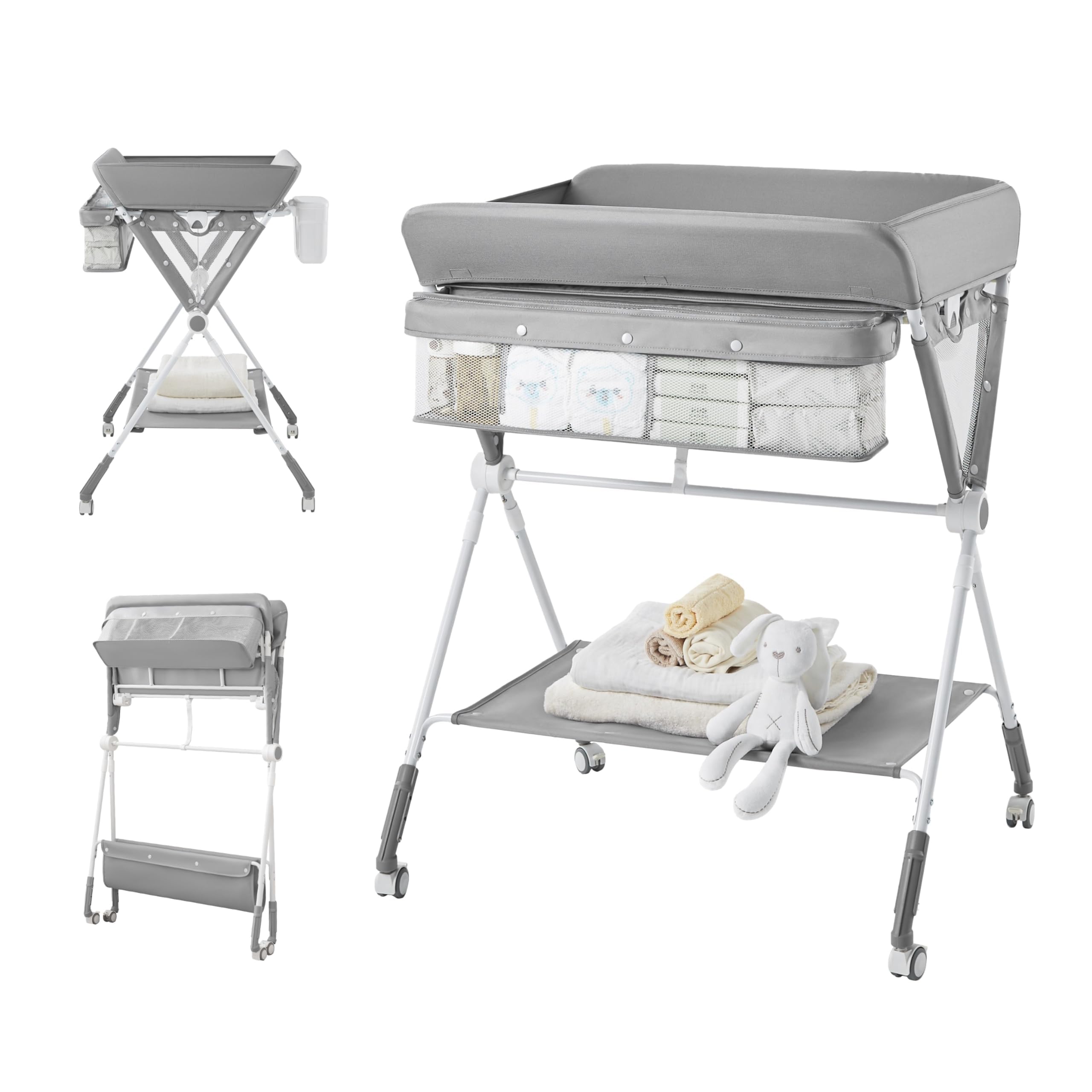 Portable Baby Changing Table with Wheels - Foldable Diaper Changing Station for Nursery, Adjustable Height Toddler Changing Table for Newborn & Infant (Grey) - Perfect for Home, Daycare & Travel Use