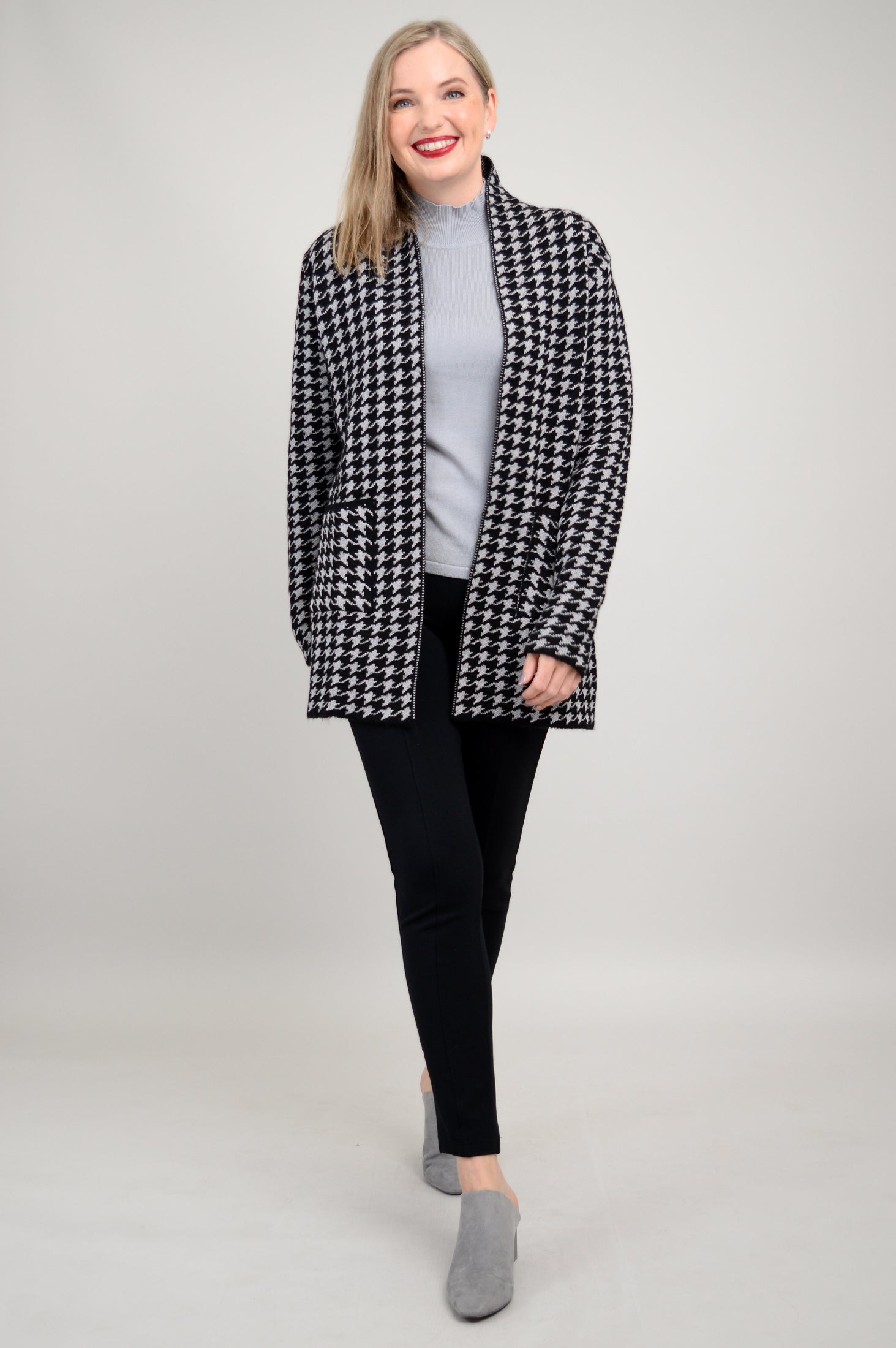 Dakota Cardigan Women's Houndstooth Pattern Cotton Wool Blend Knit Sweater - Cozy Fall & Winter Layering for Office & Casual Wear