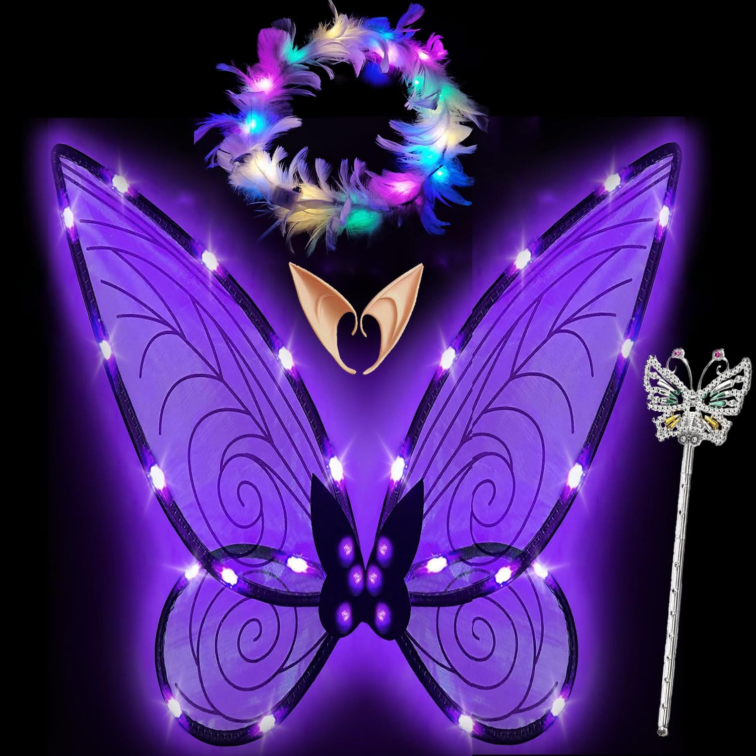 Glowing Fairy Wings for Adults - LED Headband & Fairy Stars - Shimmering Angel & Elf Wings for Costumes, Cosplay, Halloween, Parties, and Magical Photo Shoots