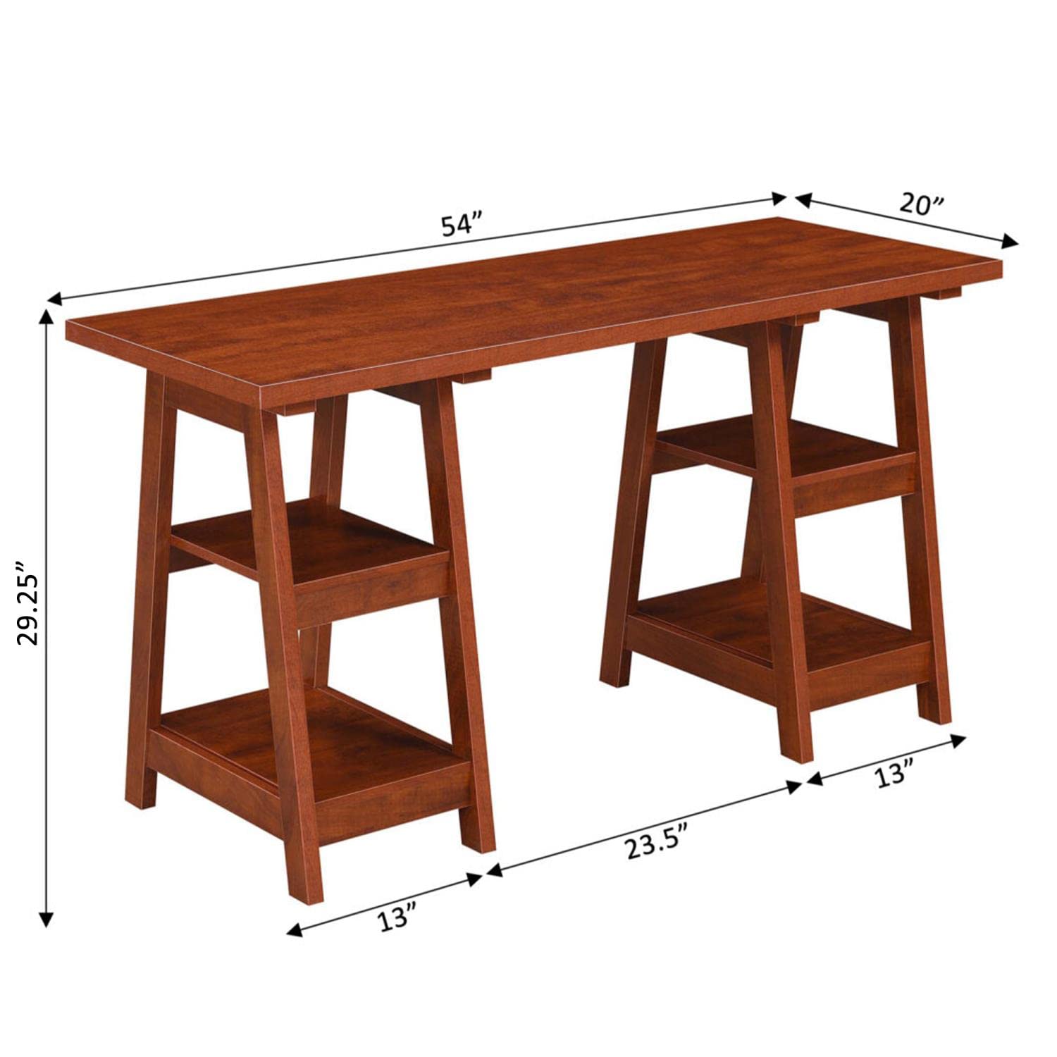 Convenience Concepts Designs2Go Double Trestle Desk with Shelves - Cherry Finish Home Office Desk for Small Spaces, Perfect for Remote Work & Study