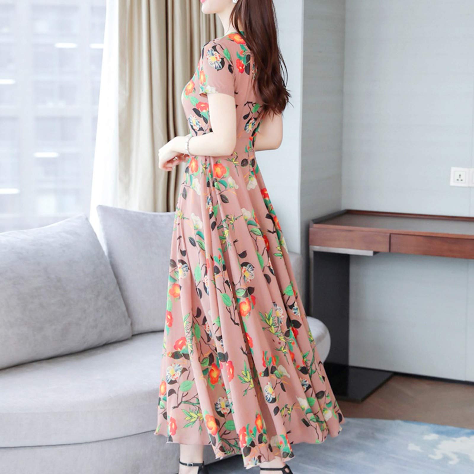 Women's Summer Beach Dress - Floral Print Short Sleeve Midi Dress for Cocktail Party, Vacation & Casual Wear (Pink, Size M) | Perfect for Beach Outings, Summer Travel & Date Nights