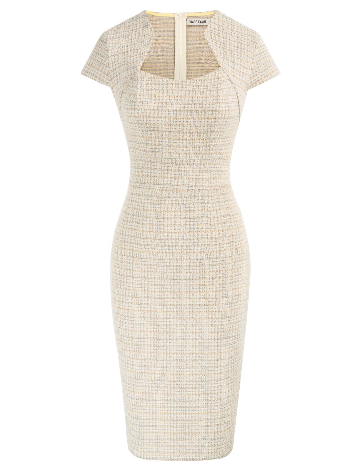 GRACE KARIN Women's Professional Tweed Pencil Dress with Cap Sleeves - Slim Fit Office Work Dress for Business, Cocktail Parties & Formal Events
