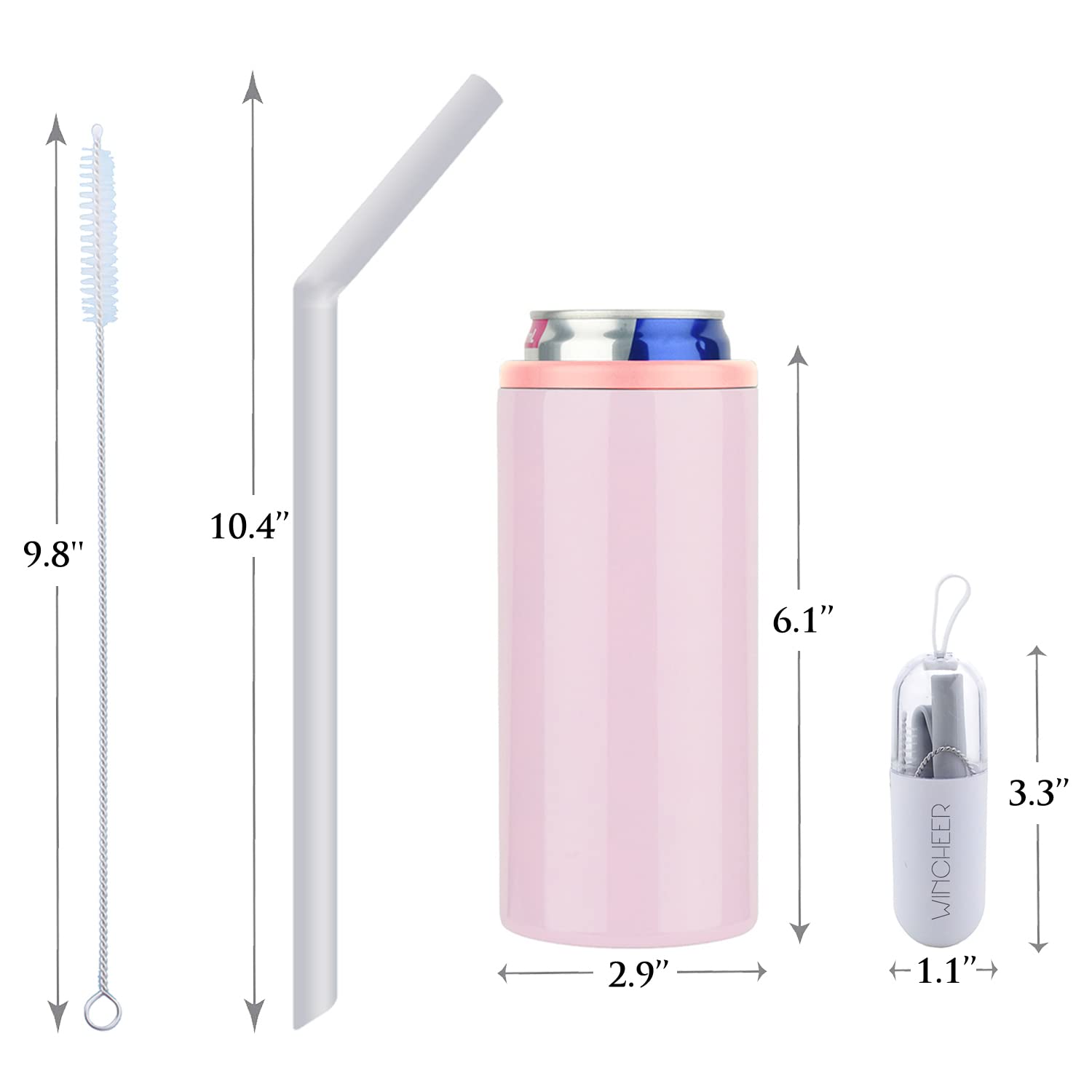 12 Oz Slim Can Cooler with Reusable Straw - Double-Walled Vacuum Insulated Stainless Steel Beer & Soda Holder - Perfect for Energy Drinks, Iced Coffee & Outdoor Parties