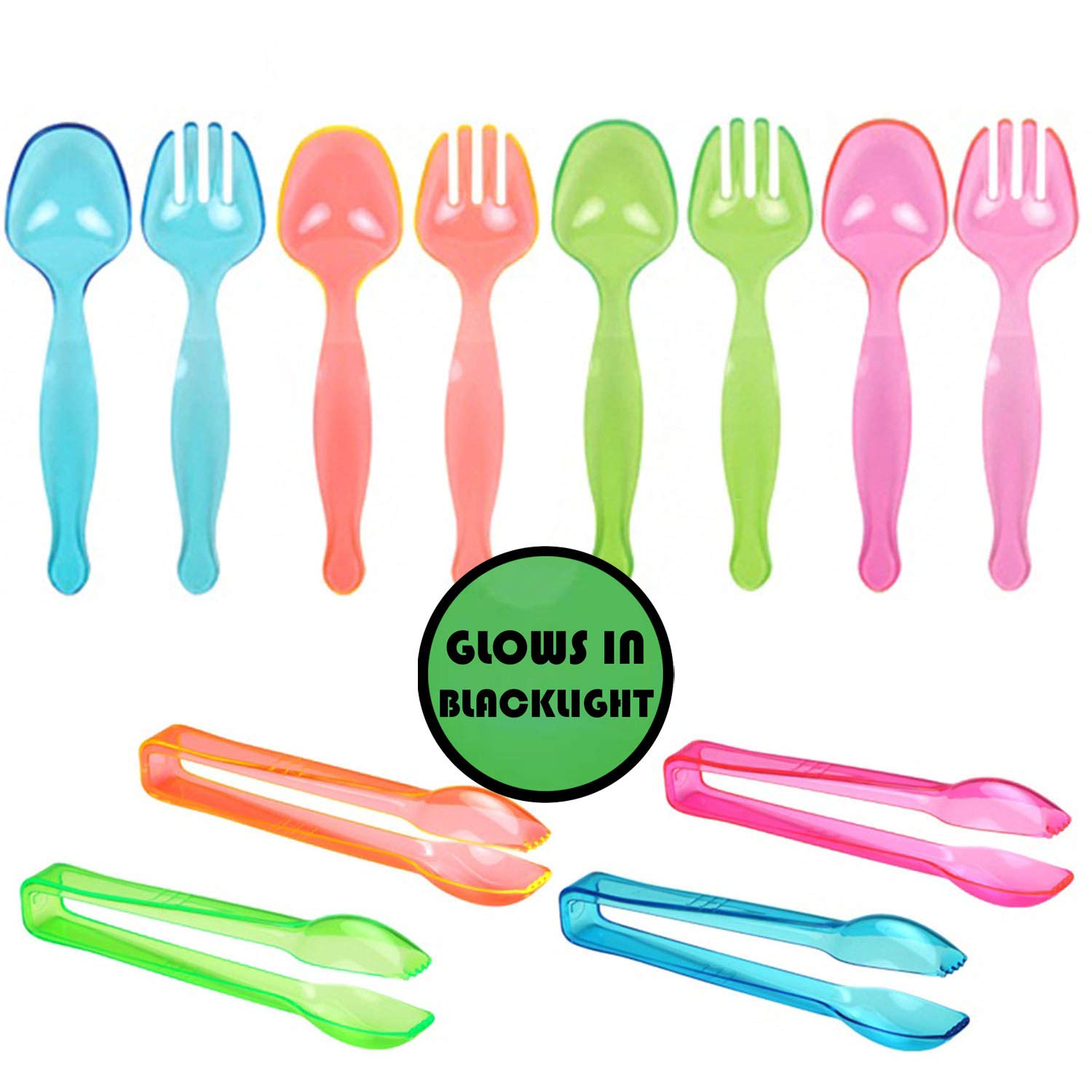 TigerChef 12-Piece Neon Heavy Duty Disposable Plastic Serving Utensil Set - 4 Spoons, 4 Forks, 4 Tongs (6 Inch) in Blue, Green, Orange & Pink - Perfect for Parties, Catering & Outdoor Events