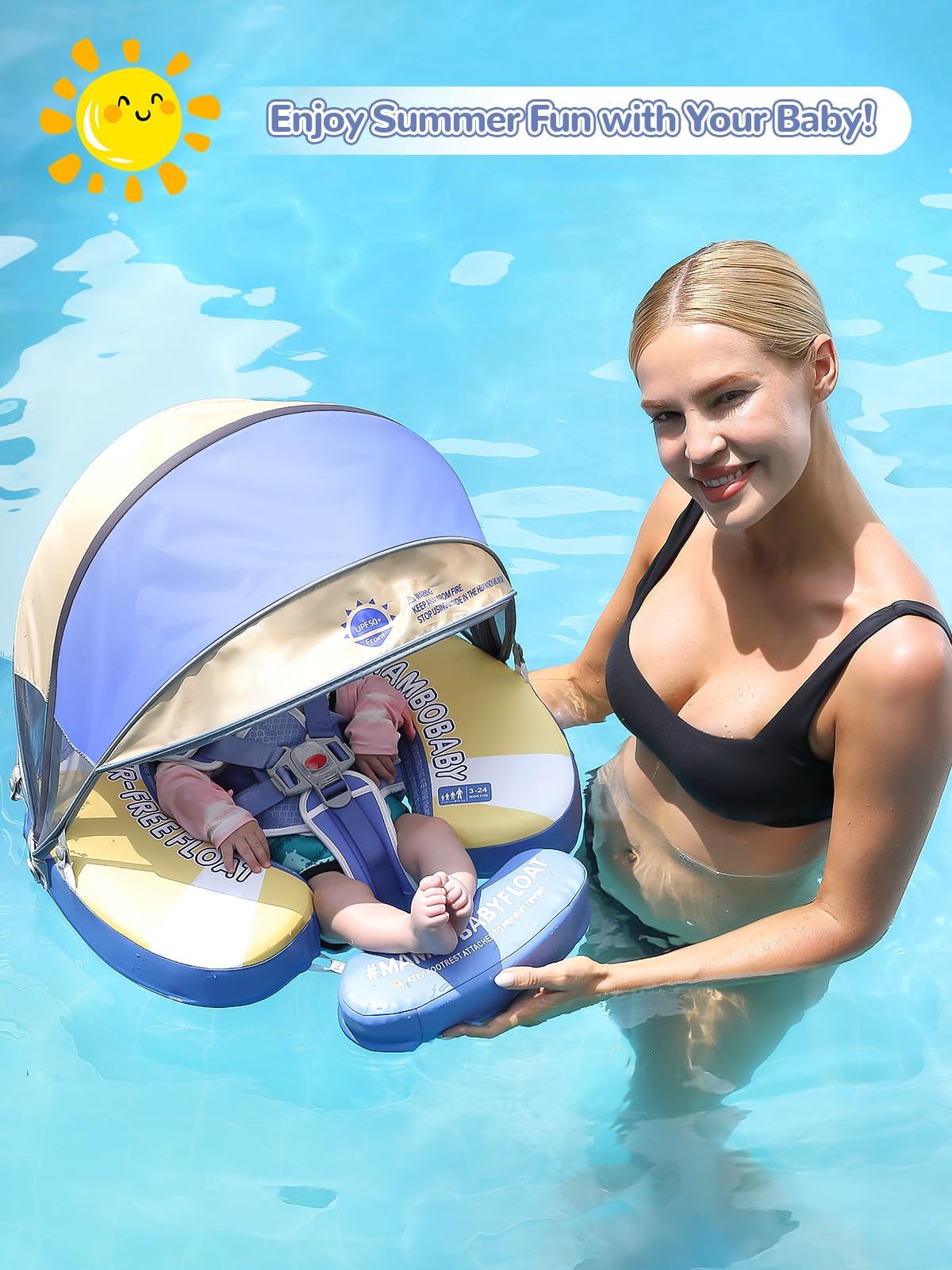**Mambobaby Baby Pool Float with Canopy & Tile - Non-Inflatable Infant Swim Trainer Ring for Toddlers 3-24 Months - Adjustable Strap for Boys & Girls - Perfect for Beach, Pool & Summer Water Play**