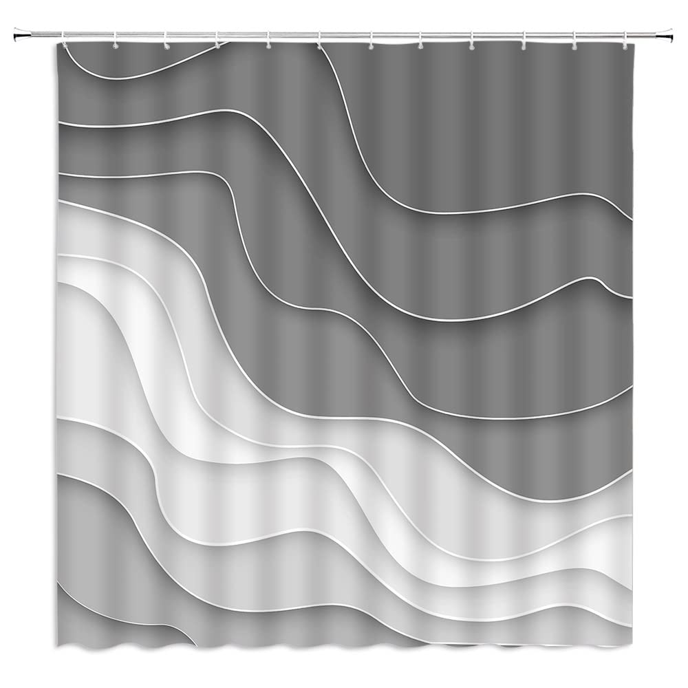 Modern Geometric Ombre Wave Stripes Shower Curtain - Gray Abstract Ocean Beach Design, Minimalist Aesthetic Polyester Fabric Bathroom Curtain with Hooks - Perfect for Coastal, Boho & Contemporary Bathroom Decor
