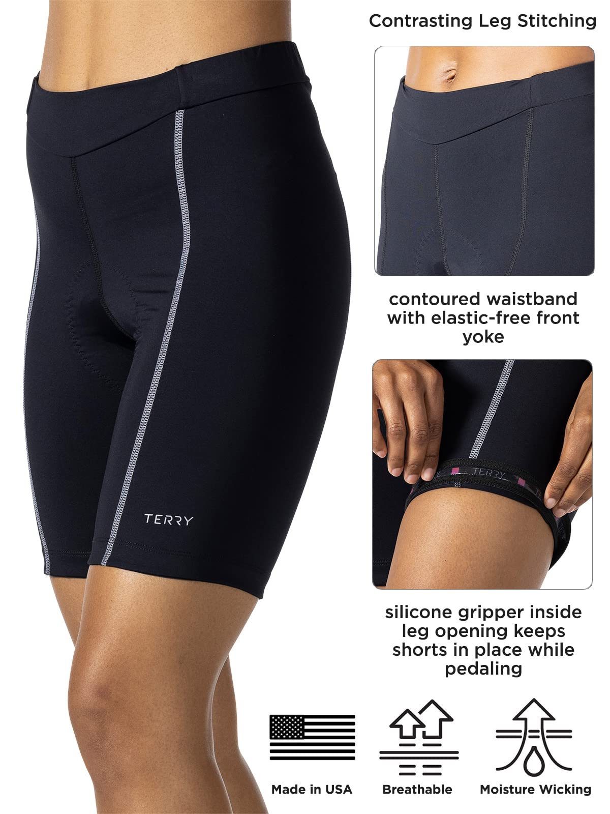Terry Bella Women's Padded Bike Shorts - 8.5 Inch Silicone Leg Grips, Black Cycling Shorts for Mountain Biking & Road Cycling | Perfect for Outdoor Adventures & Fitness Training