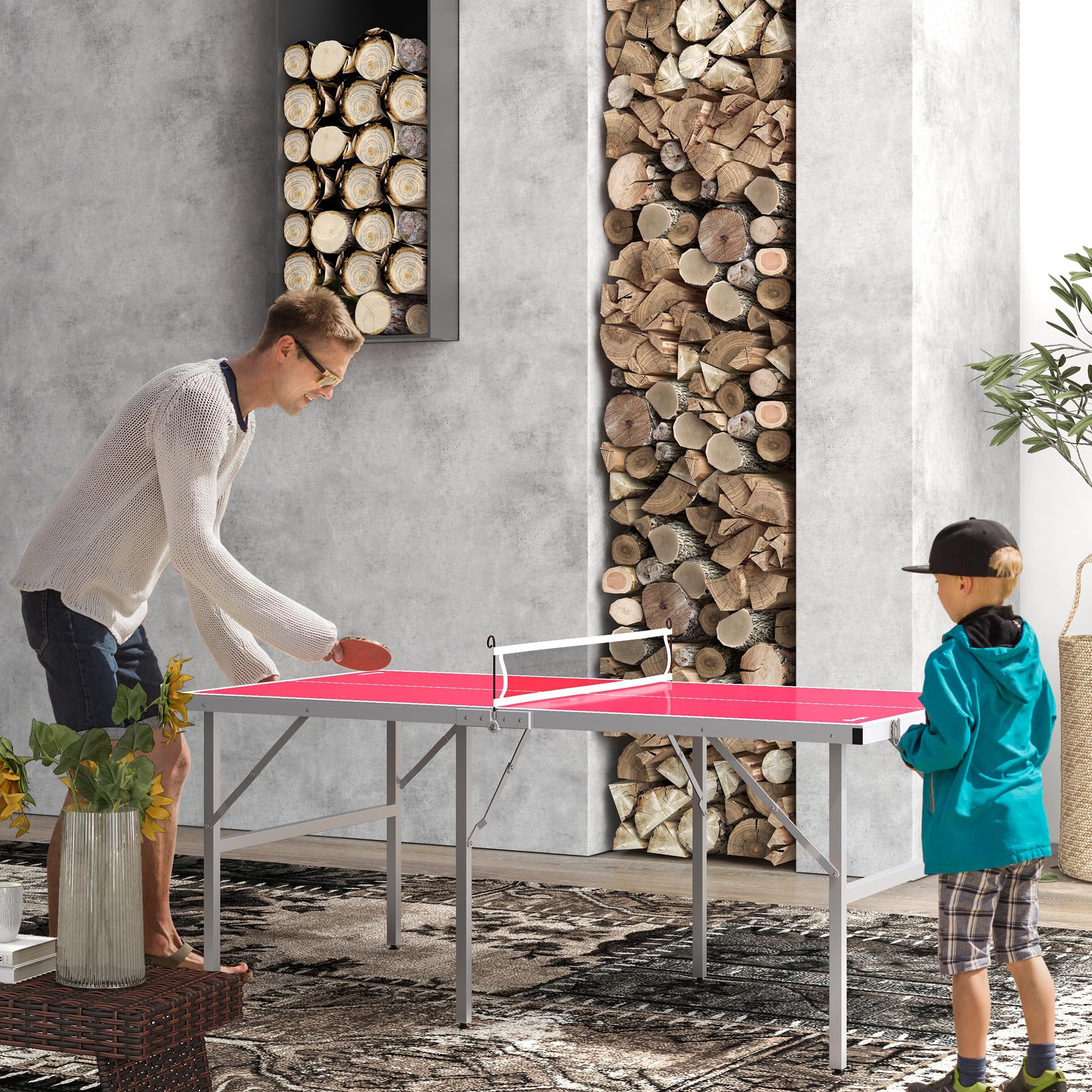 **Soozier Foldable Mini Ping Pong Table Set with Net, 2 Paddles & 3 Balls - Adjustable Feet for Indoor & Outdoor Use - Easy Assembly, Red - Perfect for Family Fun, Parties & Office Breaks**