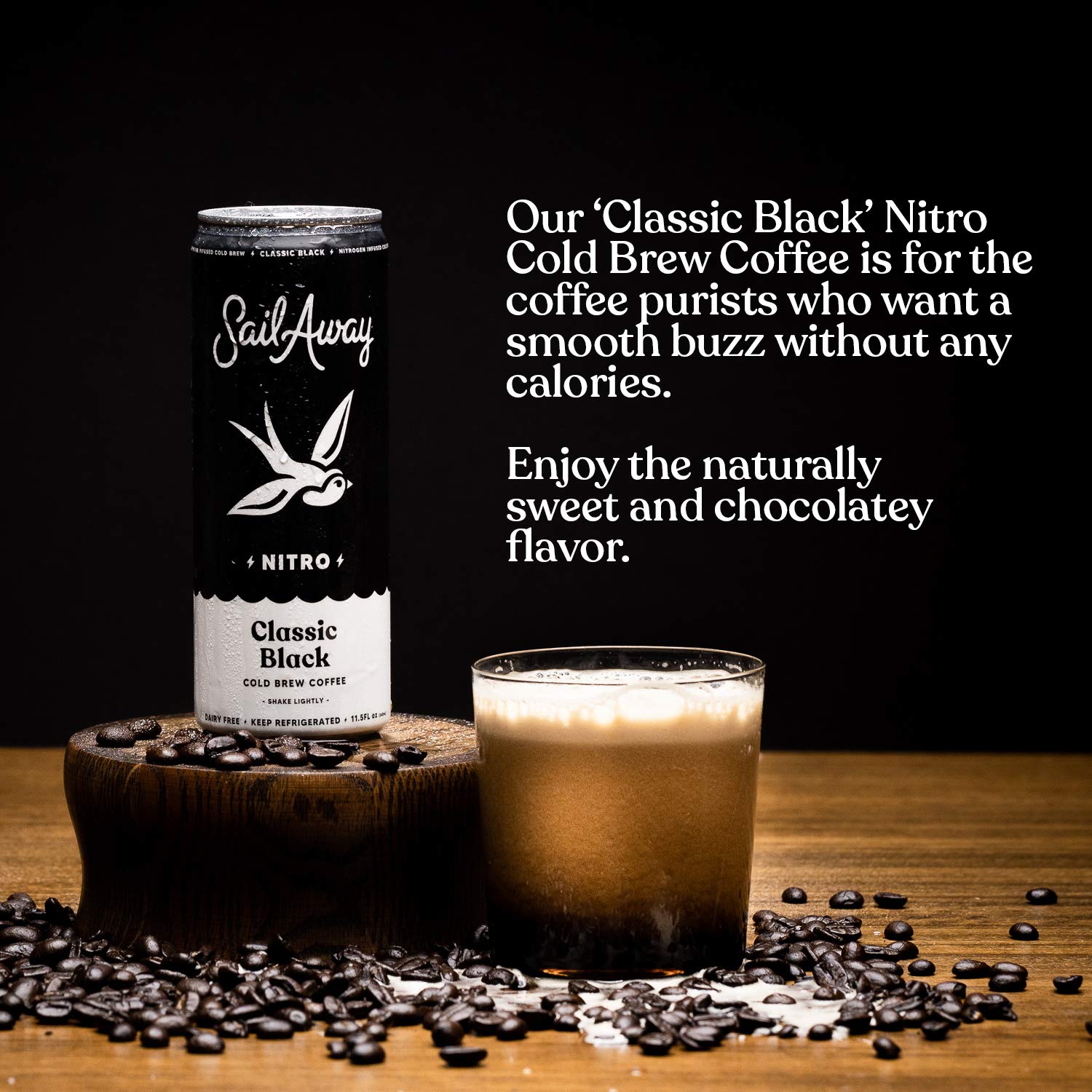 Sail Away Coffee Nitro Cold Brew Coffee Cans - Low Acid Smooth Coffee Beverage | Nitrogen Infused, 220mg Caffeine, Gluten Free, Organic, Keto Friendly, Classic Black (24 Pack) - Perfect for Office, Gym & Outdoor Adventures