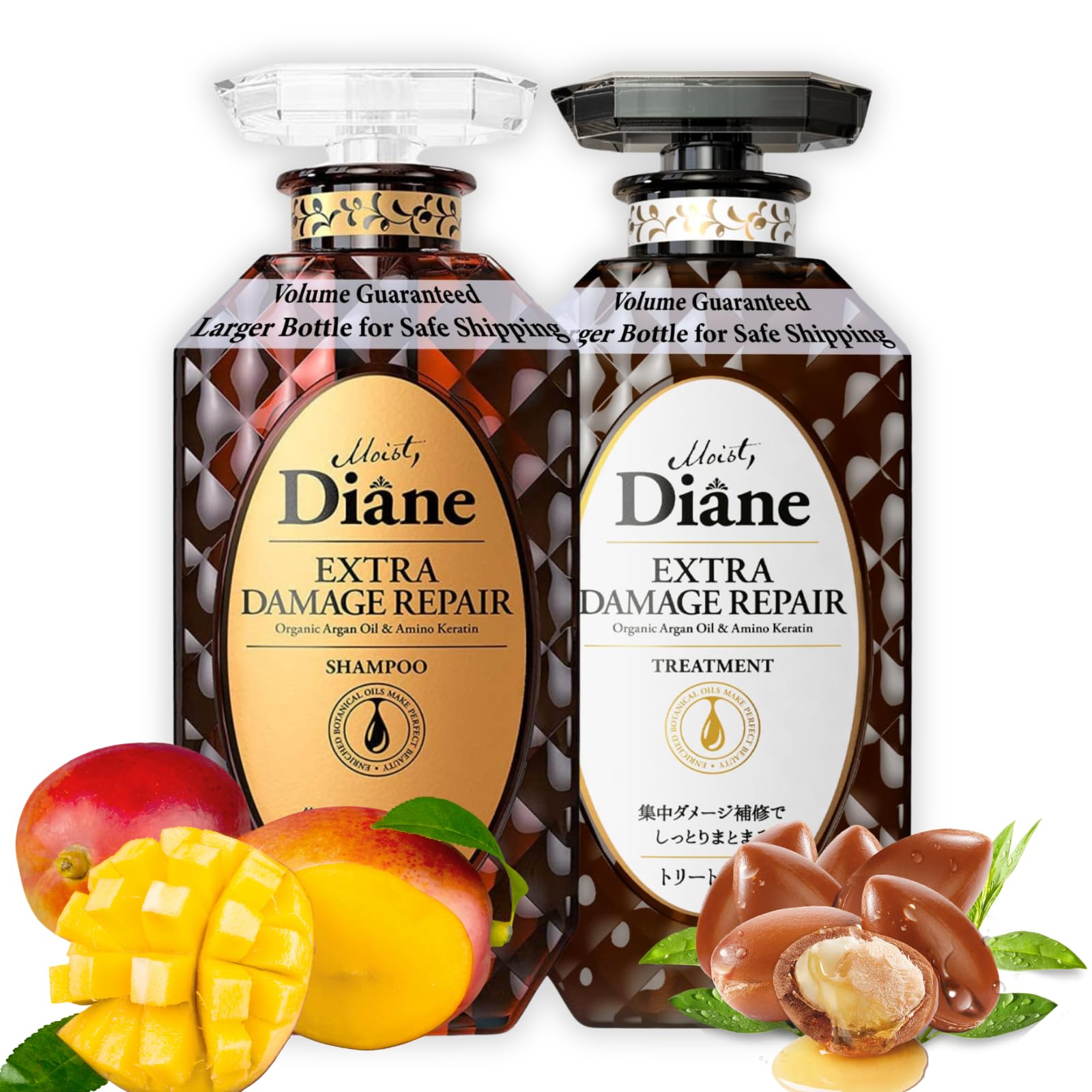 Moist Diane Keratin Shampoo and Conditioner Set for Damaged & Permed Hair - Organic Hair Care with Argan Oil & Mango Oil from Japan - Sulfate & Silicone Free - Extra Damage Repair - 15.2 Fl Oz - Perfect for Color-Treated, Dry & Frizzy Hair at Home or Salon Use